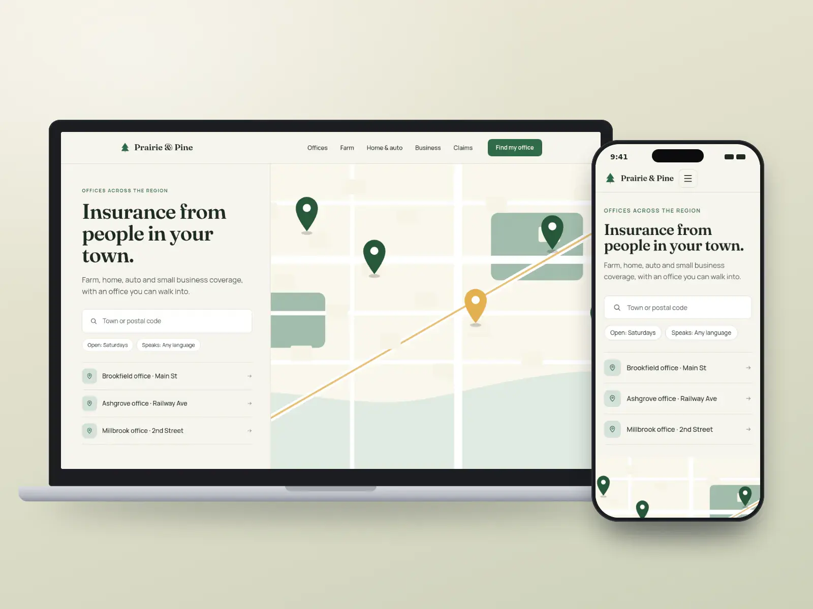 Prairie & Pine Insurance, a pine and wheat rural insurance website with an office finder beside a map with pinned offices, shown on a laptop and a phone.