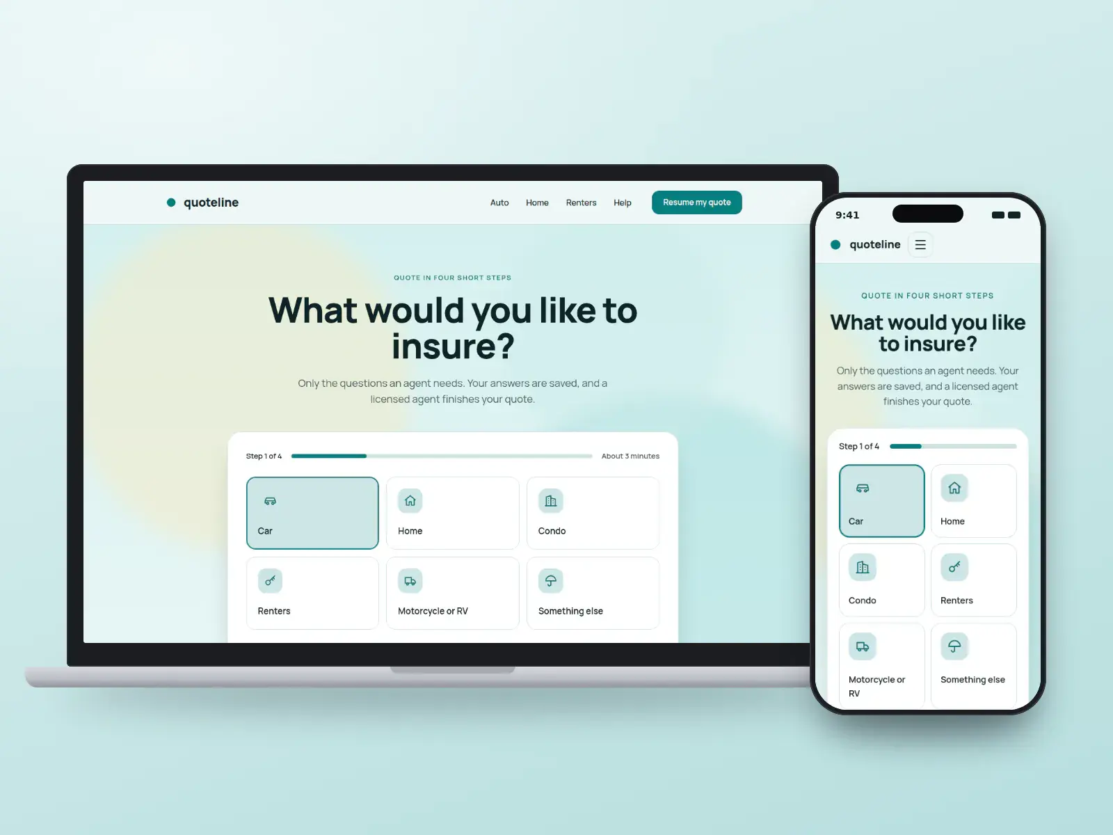 Quoteline, a teal insurance quote website whose homepage is a step-by-step chooser with coverage tiles and a progress bar, shown on a laptop and a phone.