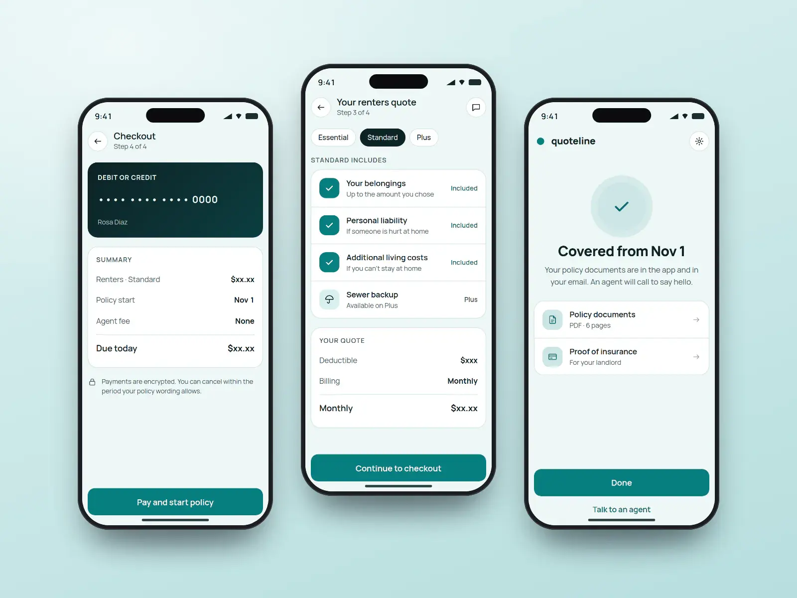 Quoteline quote and checkout app, three teal phone screens: choosing a coverage level, a secure checkout with order summary, and a confirmation that the policy has started.