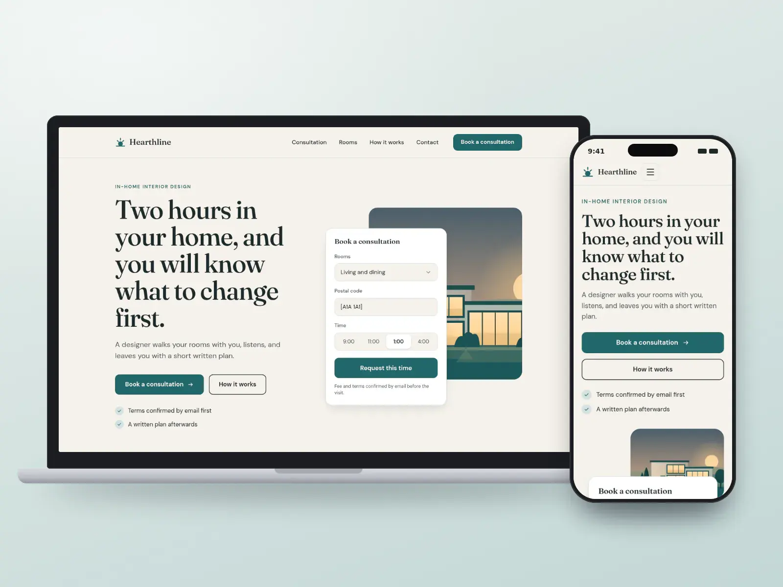 Hearthline Interiors, a linen and teal interior design website with a consultation booking card beside an illustration of a house at golden hour, shown on a laptop and a phone.