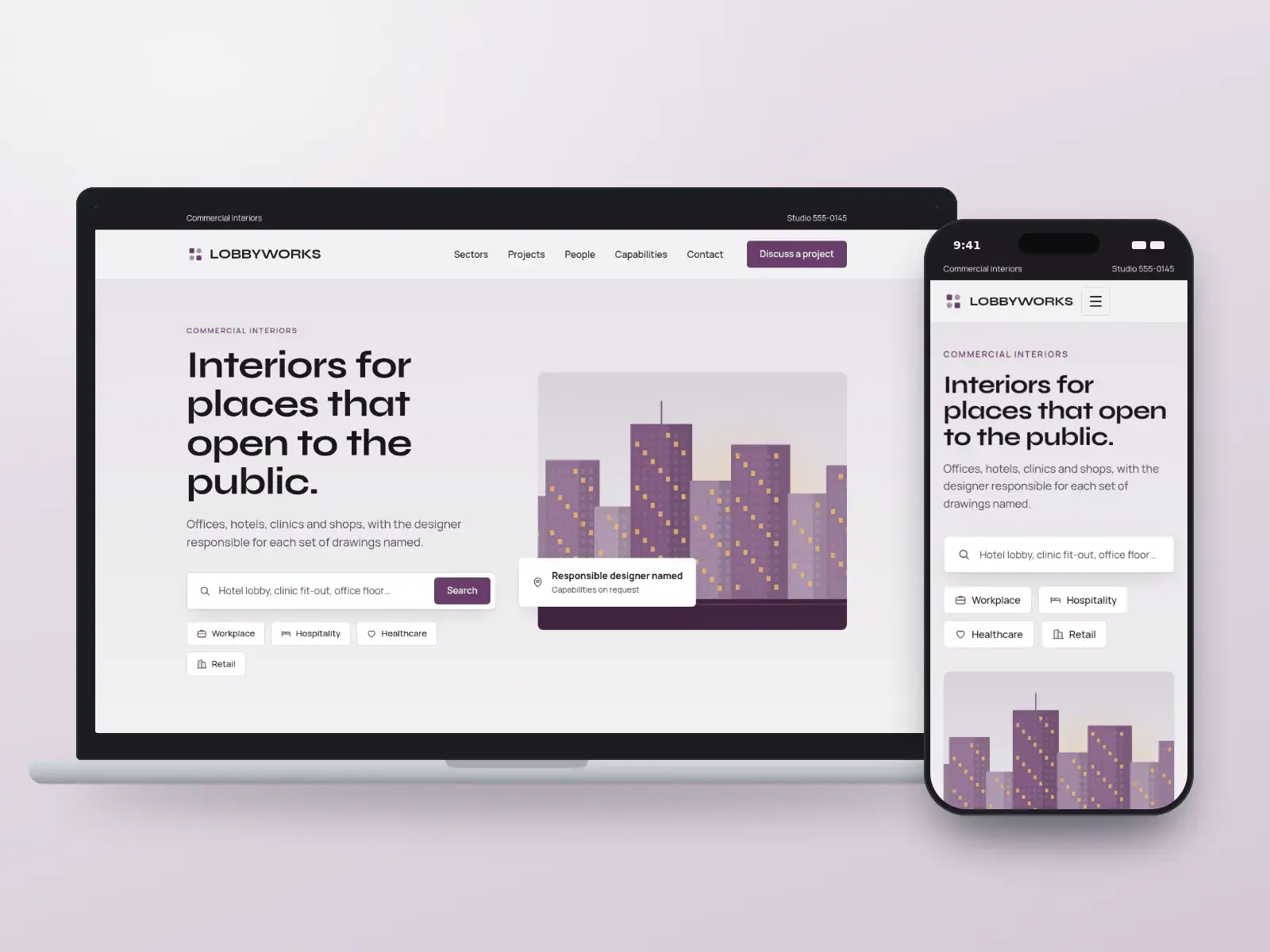 Lobbyworks Interiors, a graphite and aubergine commercial interior design website with a sector search, quick links for workplace and hospitality and an illustration of towers, on a laptop and a phone.