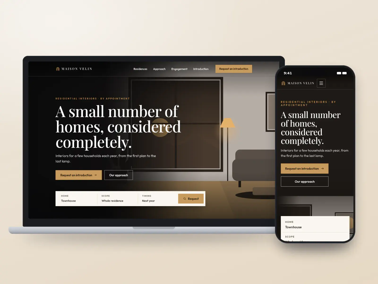 Maison Velin, a plaster and bronze luxury interior design website with a full-width dusk illustration of a quiet room and an introduction request bar, shown on a laptop and a phone.