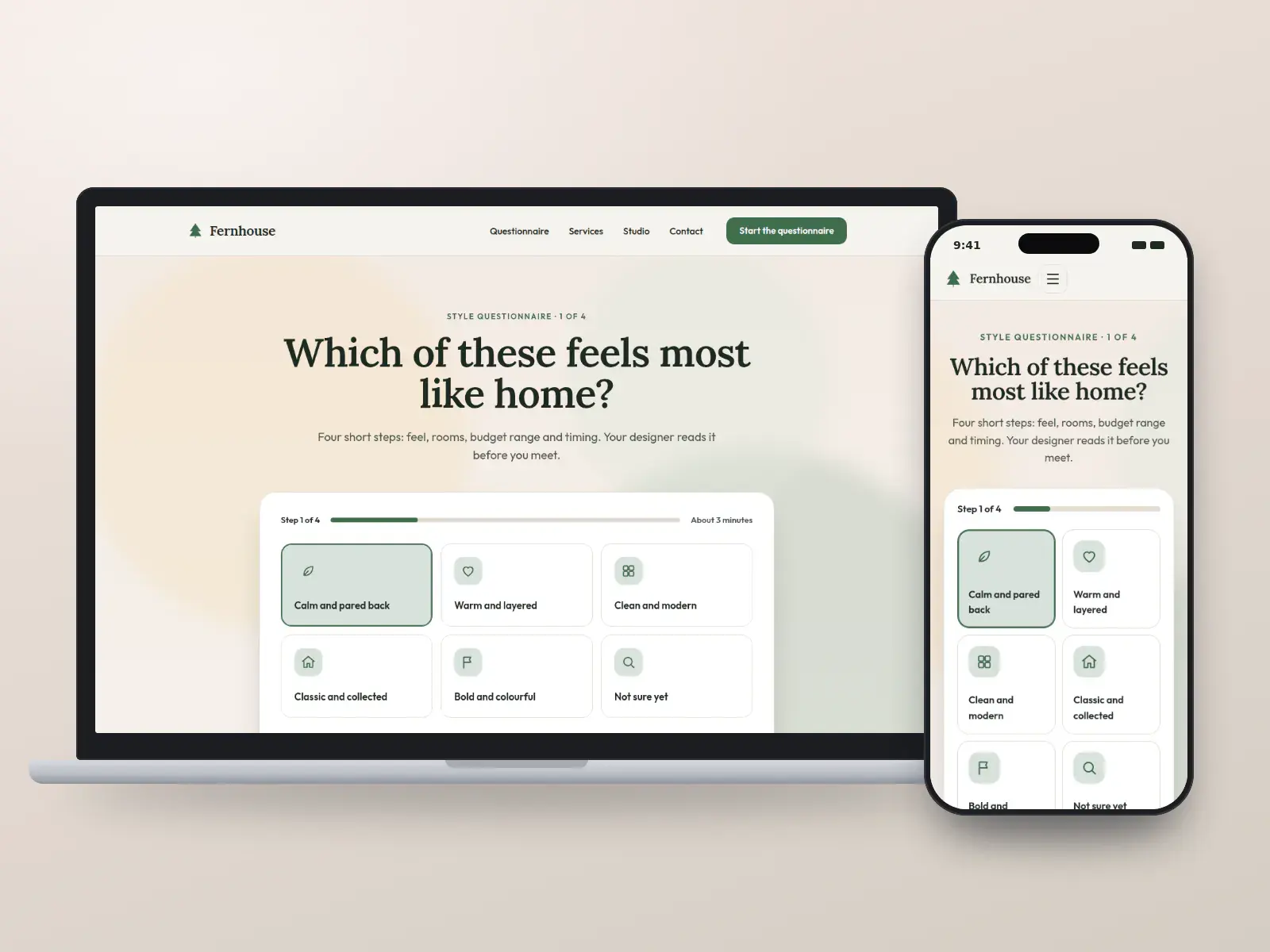 Fernhouse Design Co., a fern and blush interior design website whose homepage is a four-step style questionnaire with feel tiles and a progress bar, shown on a laptop and a phone.