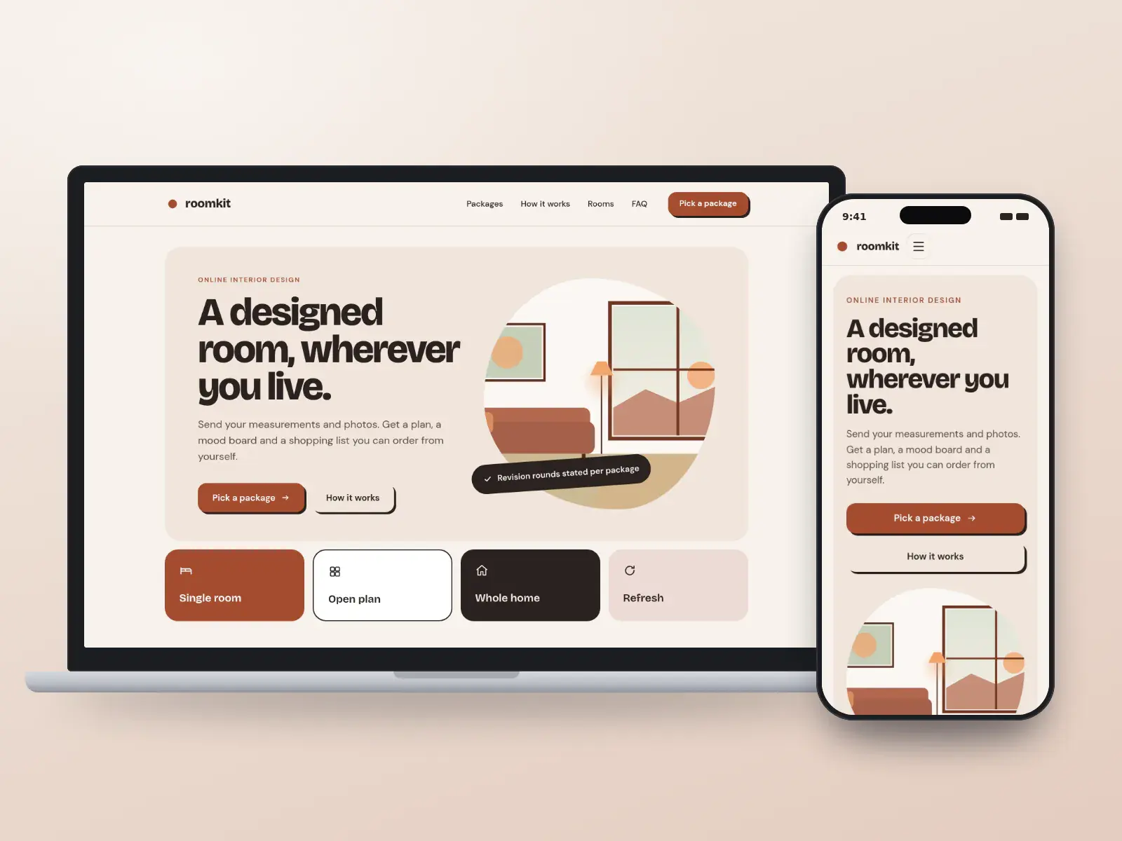 Roomkit Studio, a terracotta and sage e-design website with big friendly type, an illustrated room and colourful tiles for room packages, shown on a laptop and a phone.