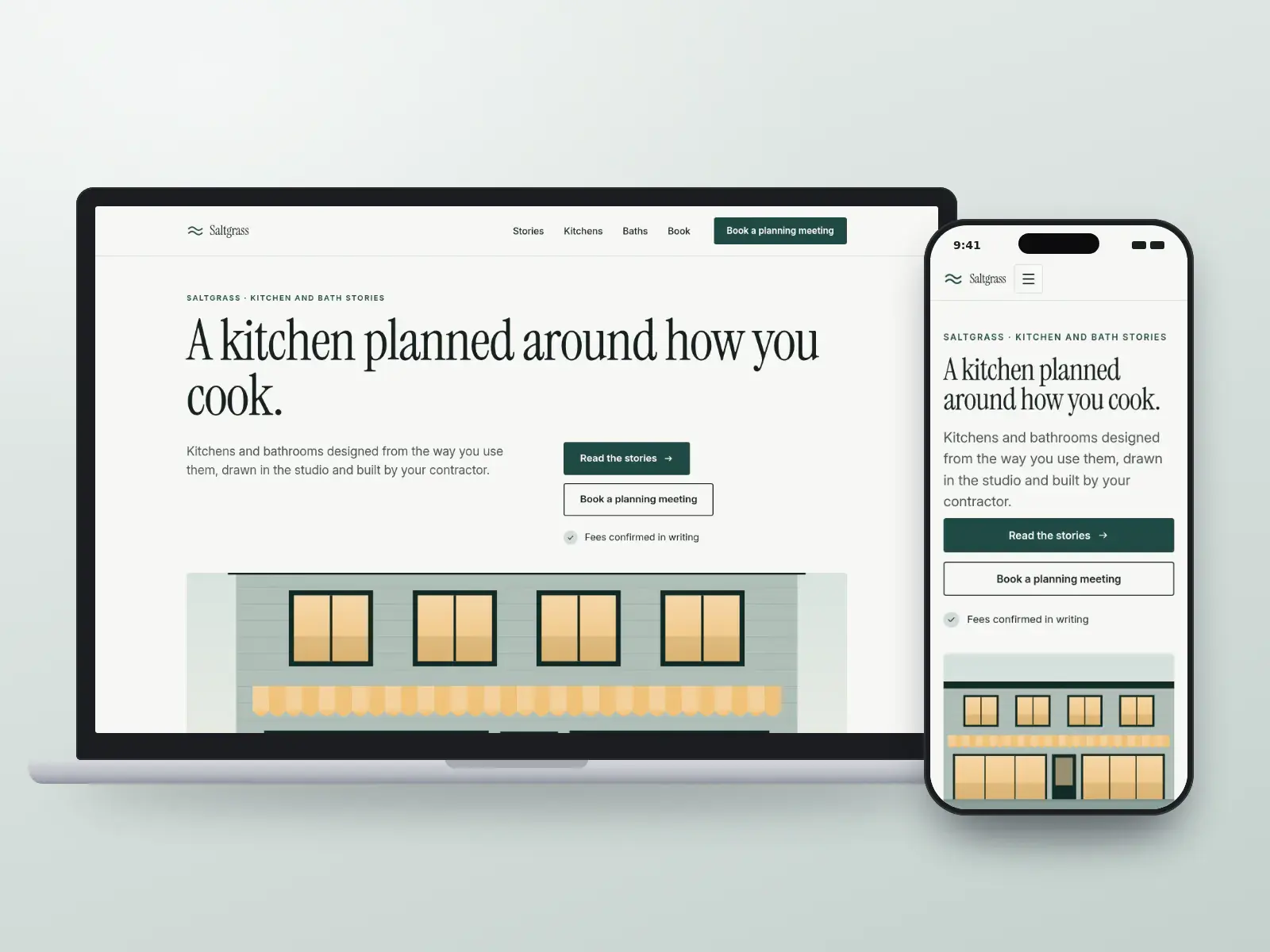 Saltgrass Kitchen & Bath Studio, a sea salt and spruce editorial design website with a long serif headline above a wide illustration of the studio’s street-front showroom, shown on a laptop and a phone.