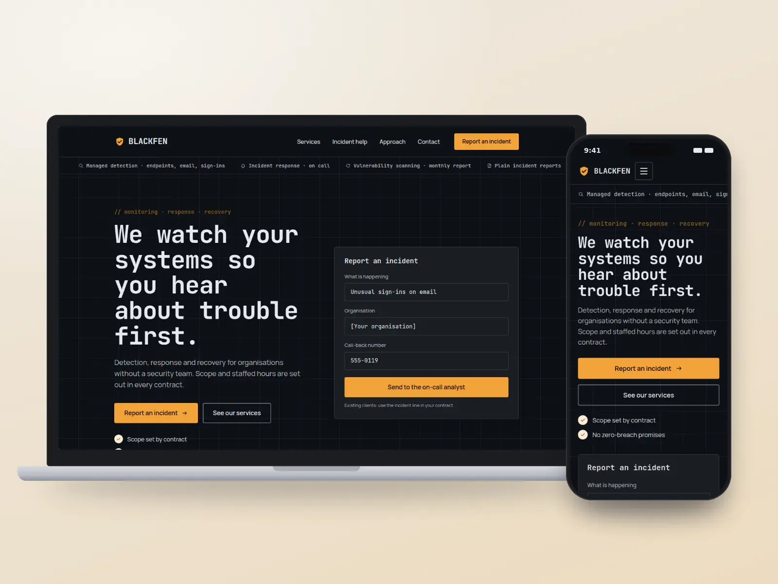 Blackfen Security, a night ops and amber security services website with a scrolling services register, a large headline and an incident report panel over a dark grid, on a laptop and a phone.
