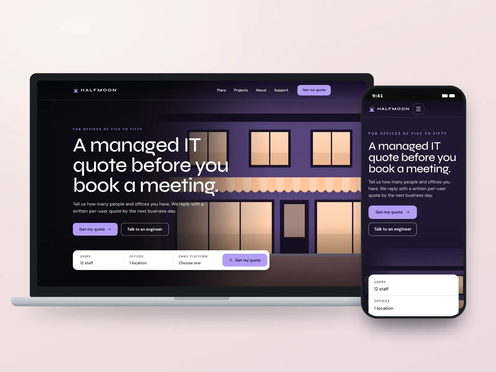 Halfmoon IT, a dusk violet and peach small-business IT website with a full-width drawing of a shopfront street at dusk, a bold headline and a quick quote bar, on a laptop and a phone.