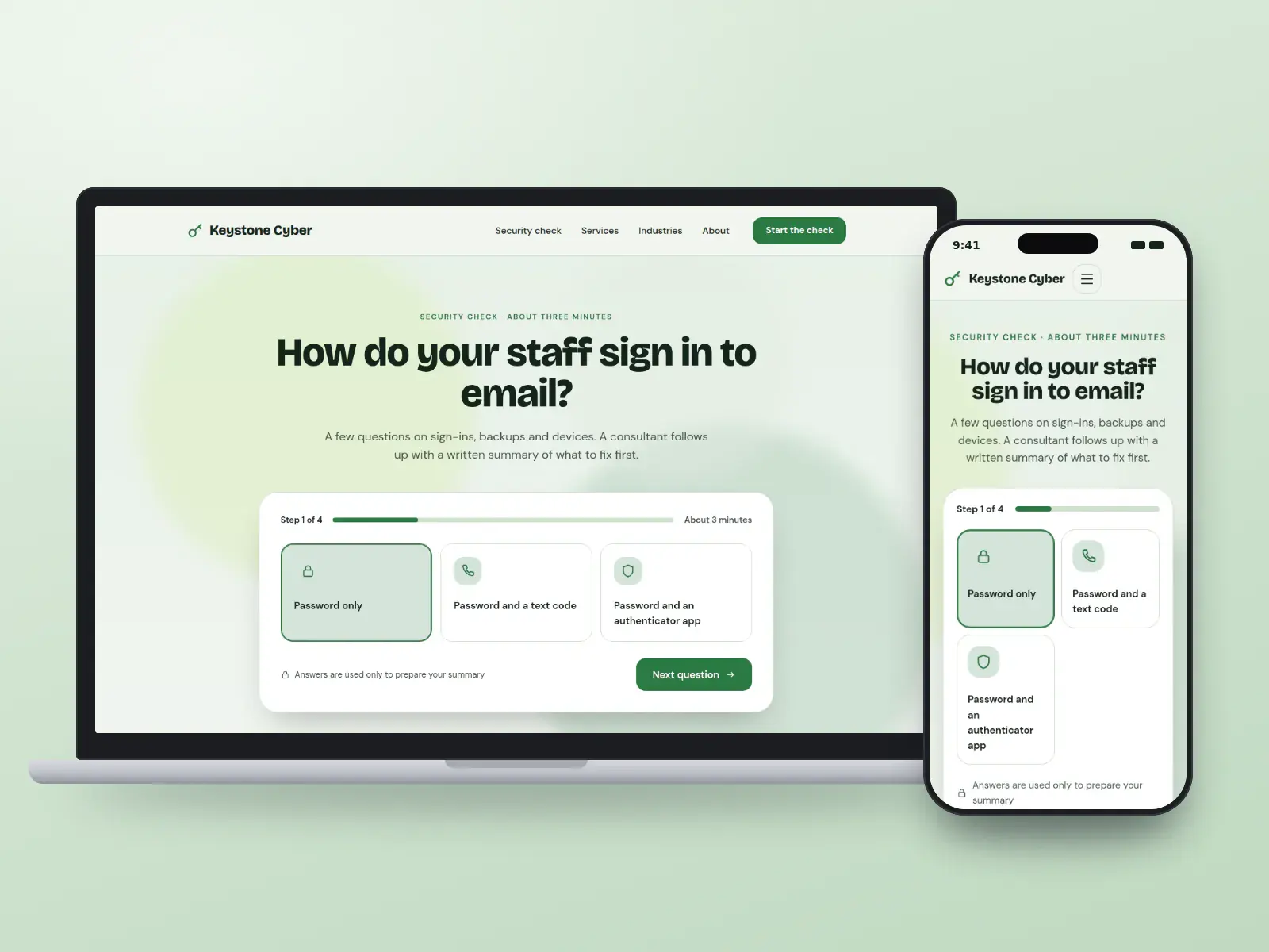 Keystone Cyber, a forest and lime cybersecurity website with a question card asking how staff sign in to email, three answer tiles over a soft green and lime wash, on a laptop and a phone.