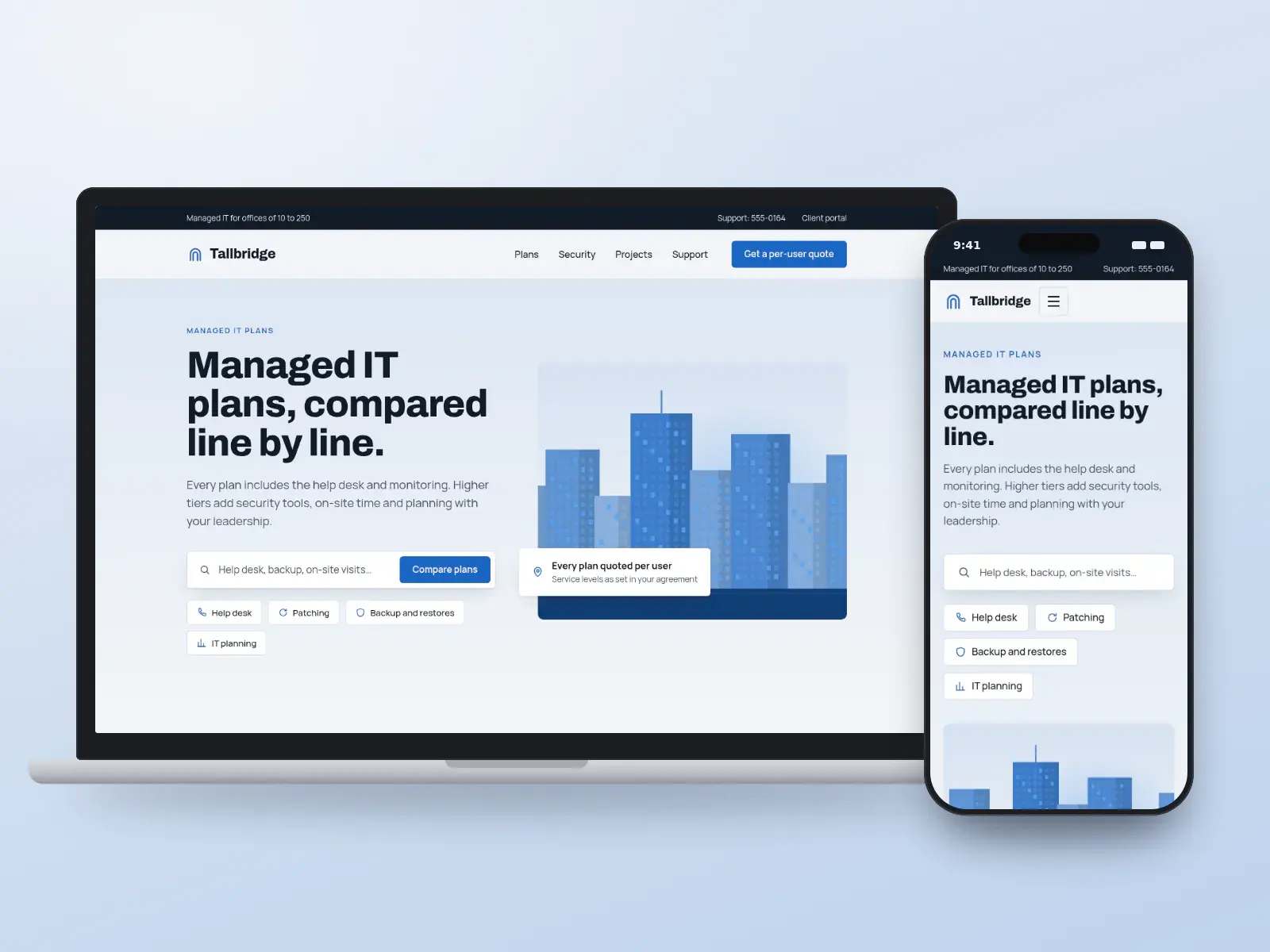 Tallbridge Managed IT, a navy and signal blue managed IT website with a plan search bar, quick links to help desk and backup, and a drawing of office towers, on a laptop and a phone.