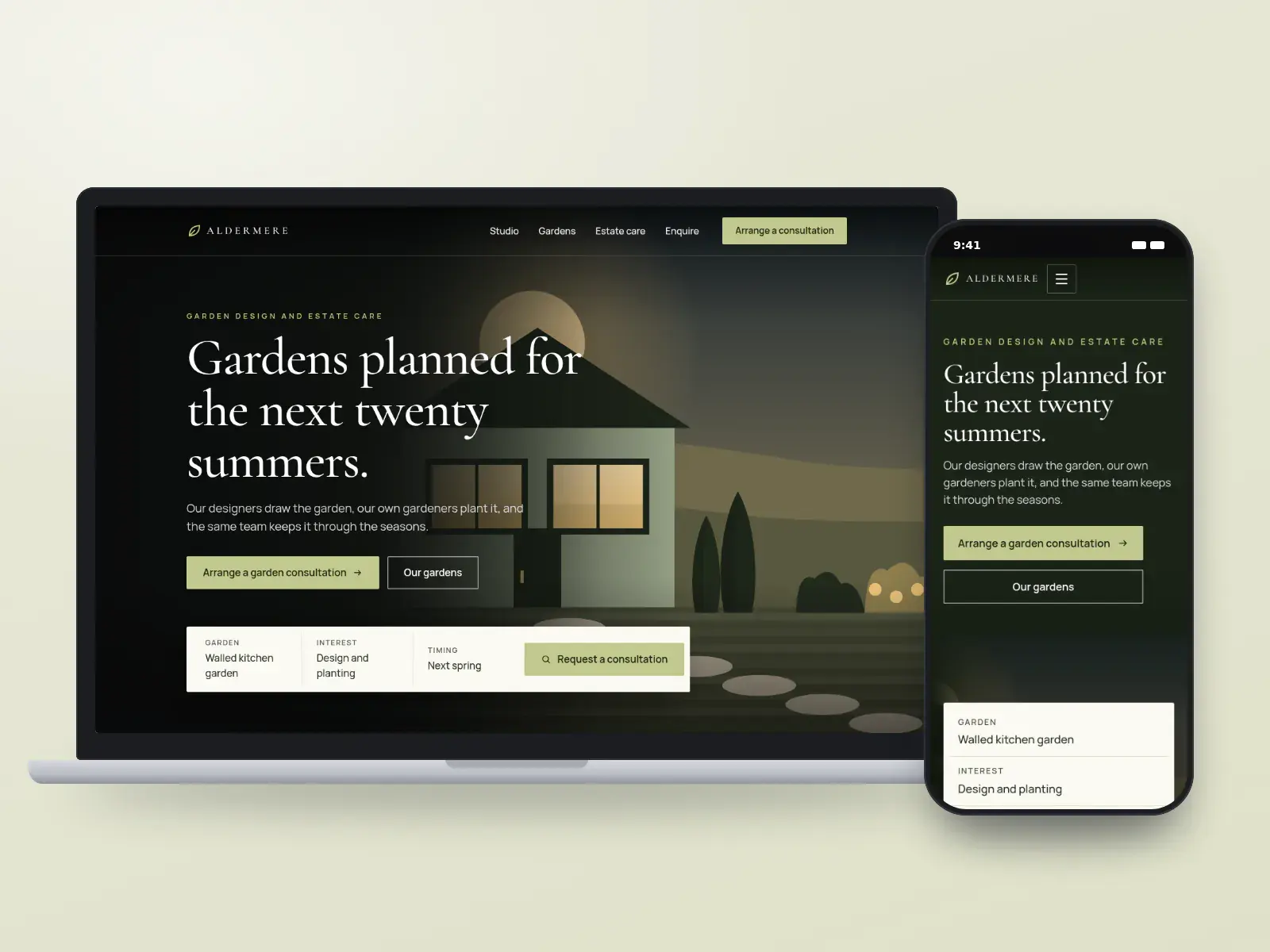 Aldermere Gardens, a hedge green and parchment garden design website on a laptop and a phone, with a full-width garden illustration at dusk, a serif headline and a consultation request bar.