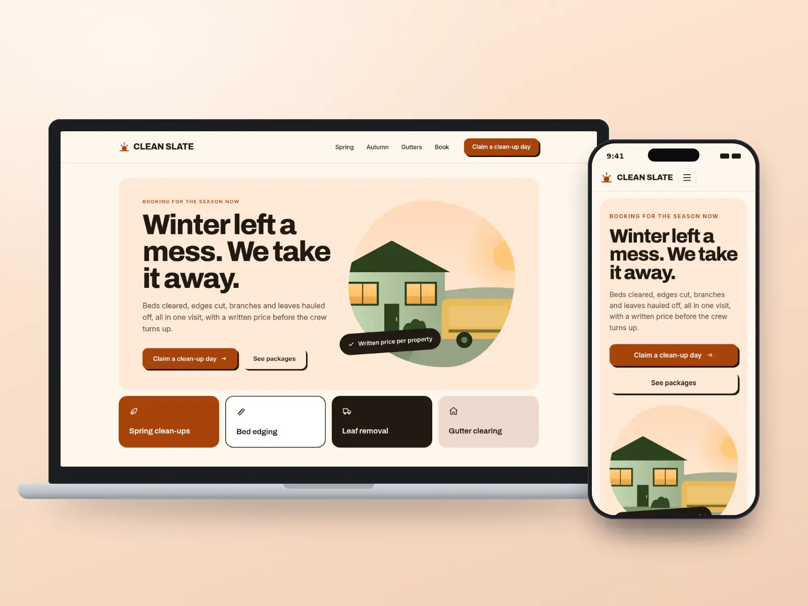 Clean Slate Yard Crew, a tangerine and turf seasonal clean-up website on a laptop and a phone, with a big headline, a crew truck illustration and tiles for clean-ups, edging, leaves and gutters.