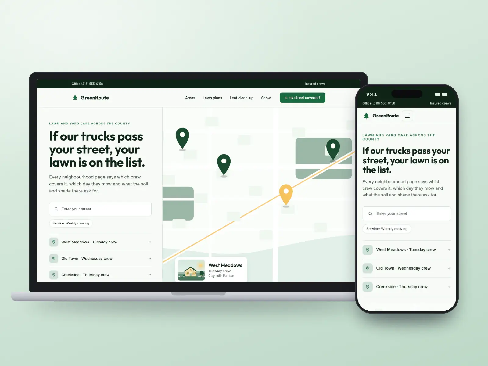 GreenRoute Lawn & Yard, a fairway green and white lawn care website on a laptop and a phone, with a map of five neighbourhoods, a street search and an area card naming the crew and mowing day.