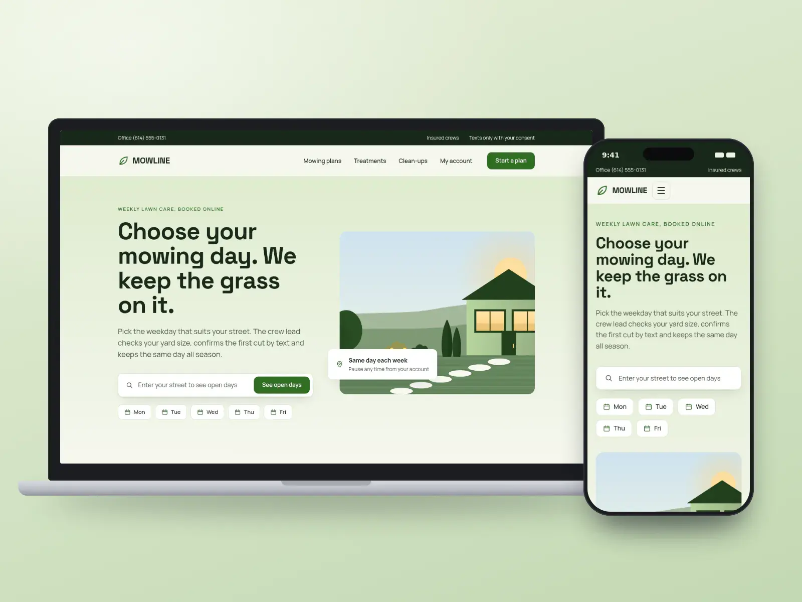 Mowline Lawn Care, a clover green and oat lawn care website on a laptop and a phone, with a mowing-day picker for Monday to Friday, a plan search bar and a striped lawn illustration.