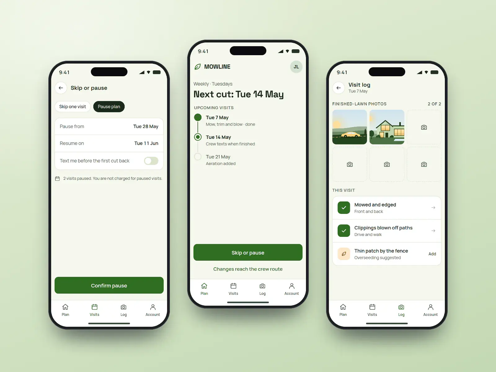 Mowline lawn plan app, three green and oat phone screens: the season’s mowing visits, a skip or pause control with dates, and a visit log with a finished-lawn photo.