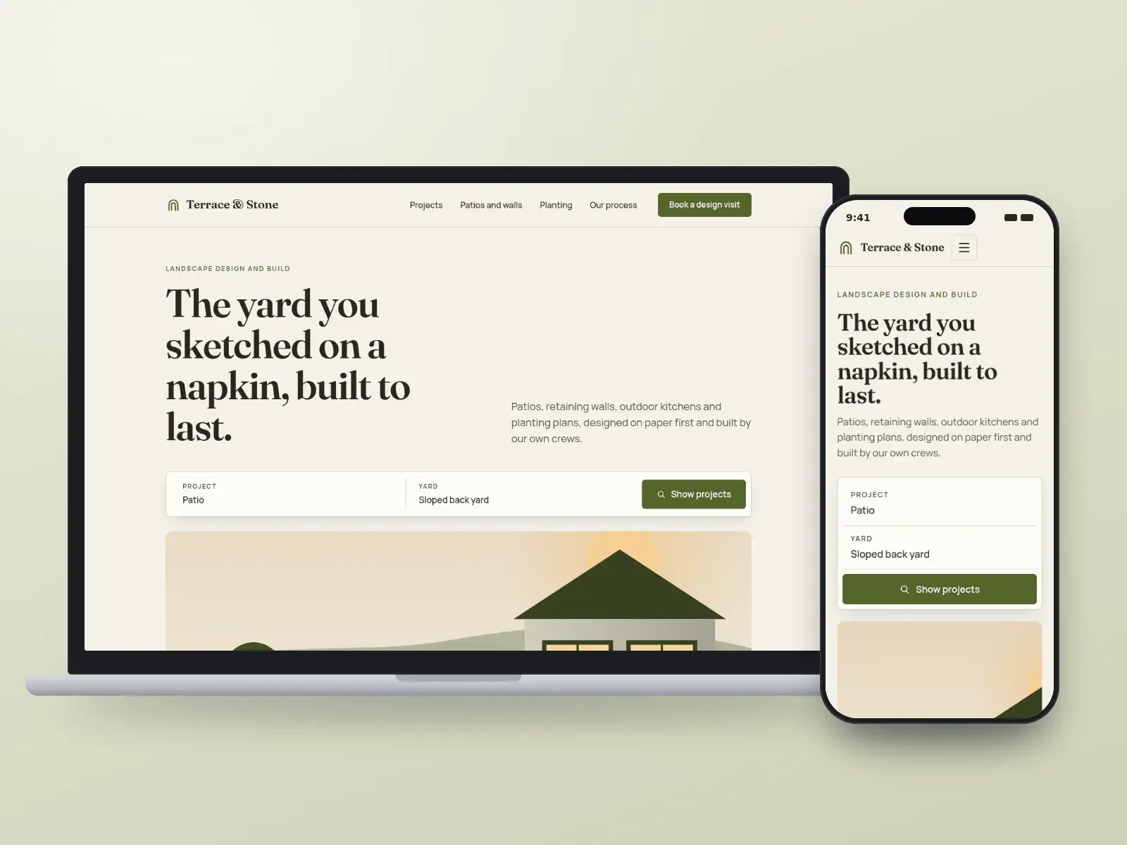 Terrace & Stone, a flagstone and moss landscape design website on a laptop and a phone, with a project finder, a featured patio and garden illustration and a gallery of finished yards.