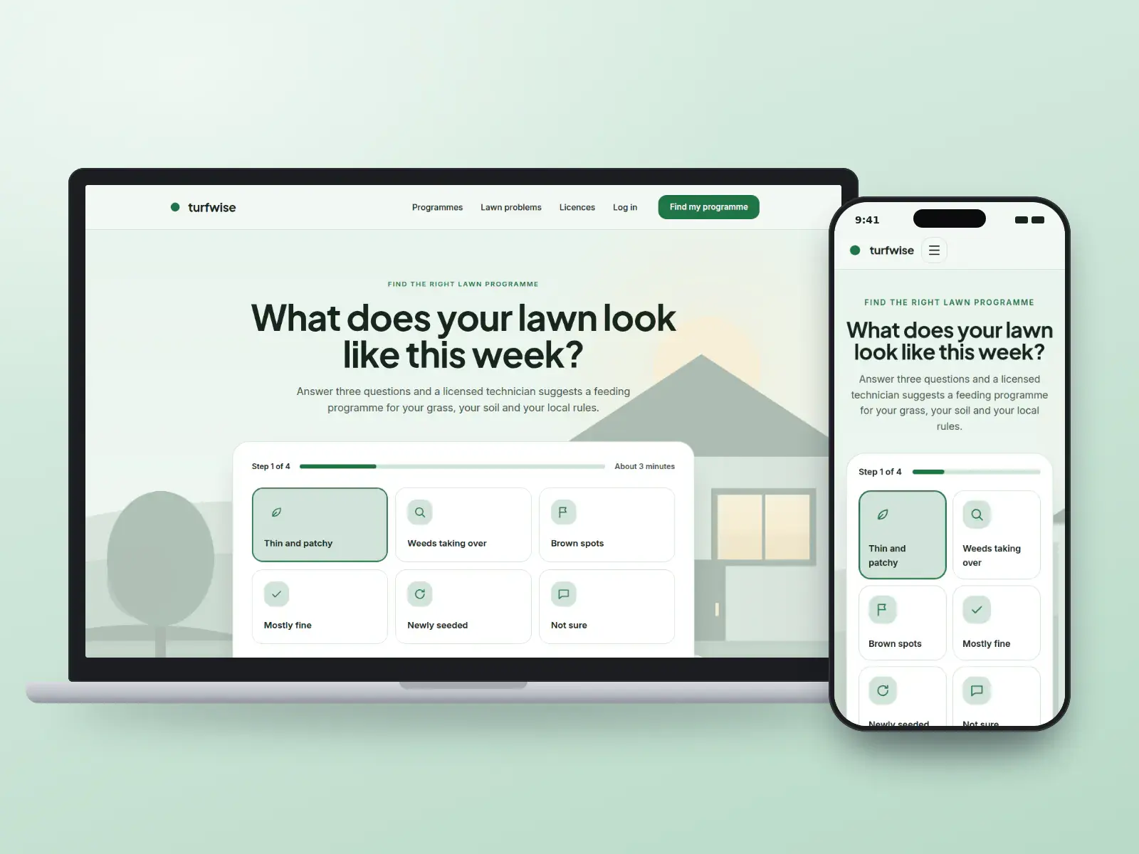turfwise, a seedling green and slate lawn programme website on a laptop and a phone, with a step-by-step lawn quiz offering tiles for thin, weedy and brown lawns.