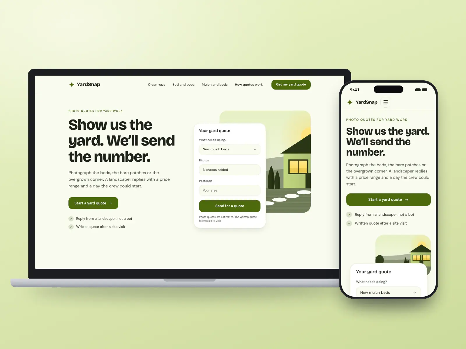 YardSnap, a lime and charcoal photo-quote landscaping website on a laptop and a phone, with a yard quote form for photos and job type beside a garden illustration.