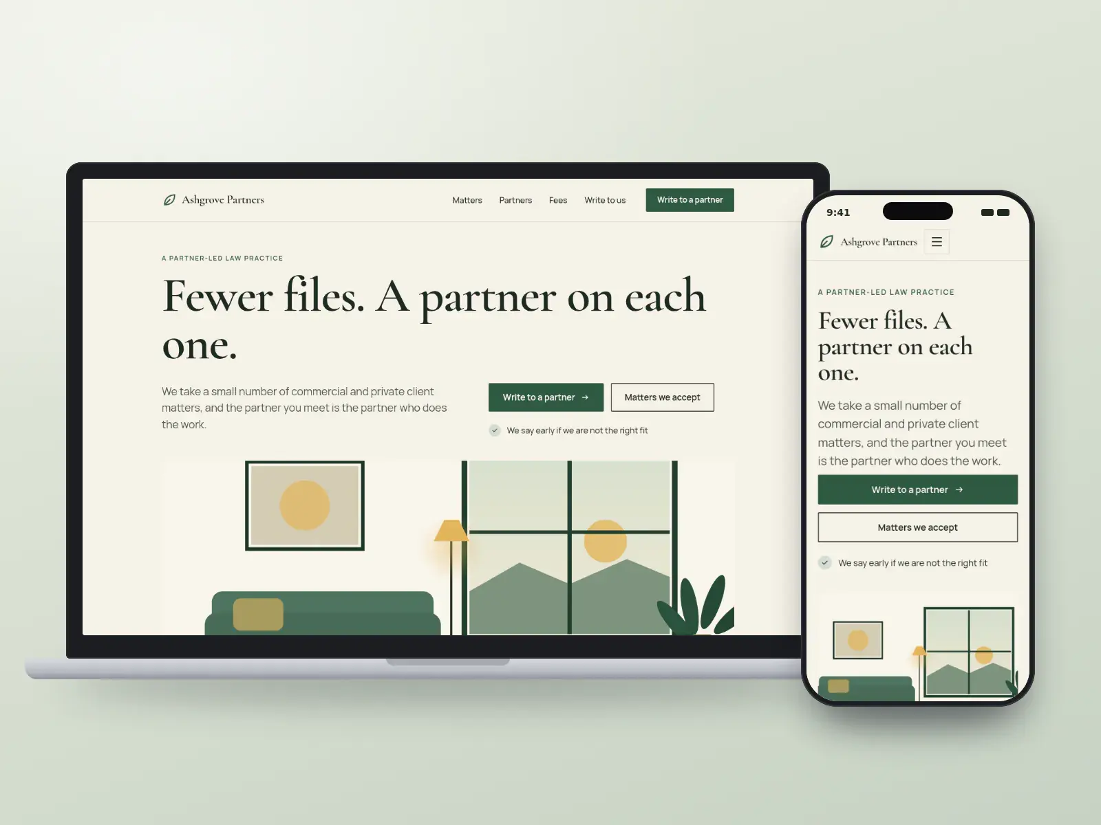 Ashgrove Partners, a forest green and parchment law boutique website with a large serif headline above a wide illustration of a panelled office, shown on a laptop and a phone.