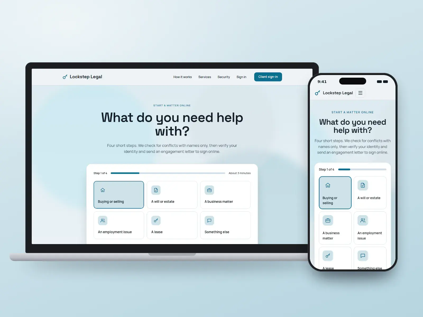 Lockstep Legal, a slate and cyan law firm website whose homepage is a step-by-step matter starter with tiles for each kind of legal help and a progress bar, shown on a laptop and a phone.