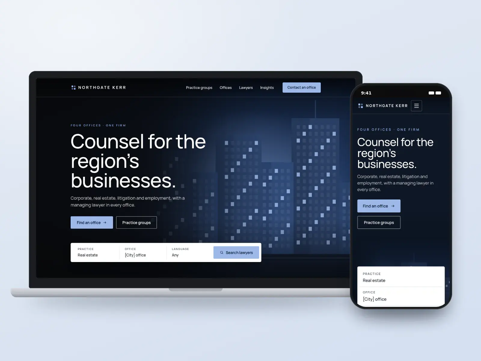 Northgate Kerr LLP, a midnight and steel law firm website with a full-width night skyline, a centred headline and a search by practice and office, shown on a laptop and a phone.