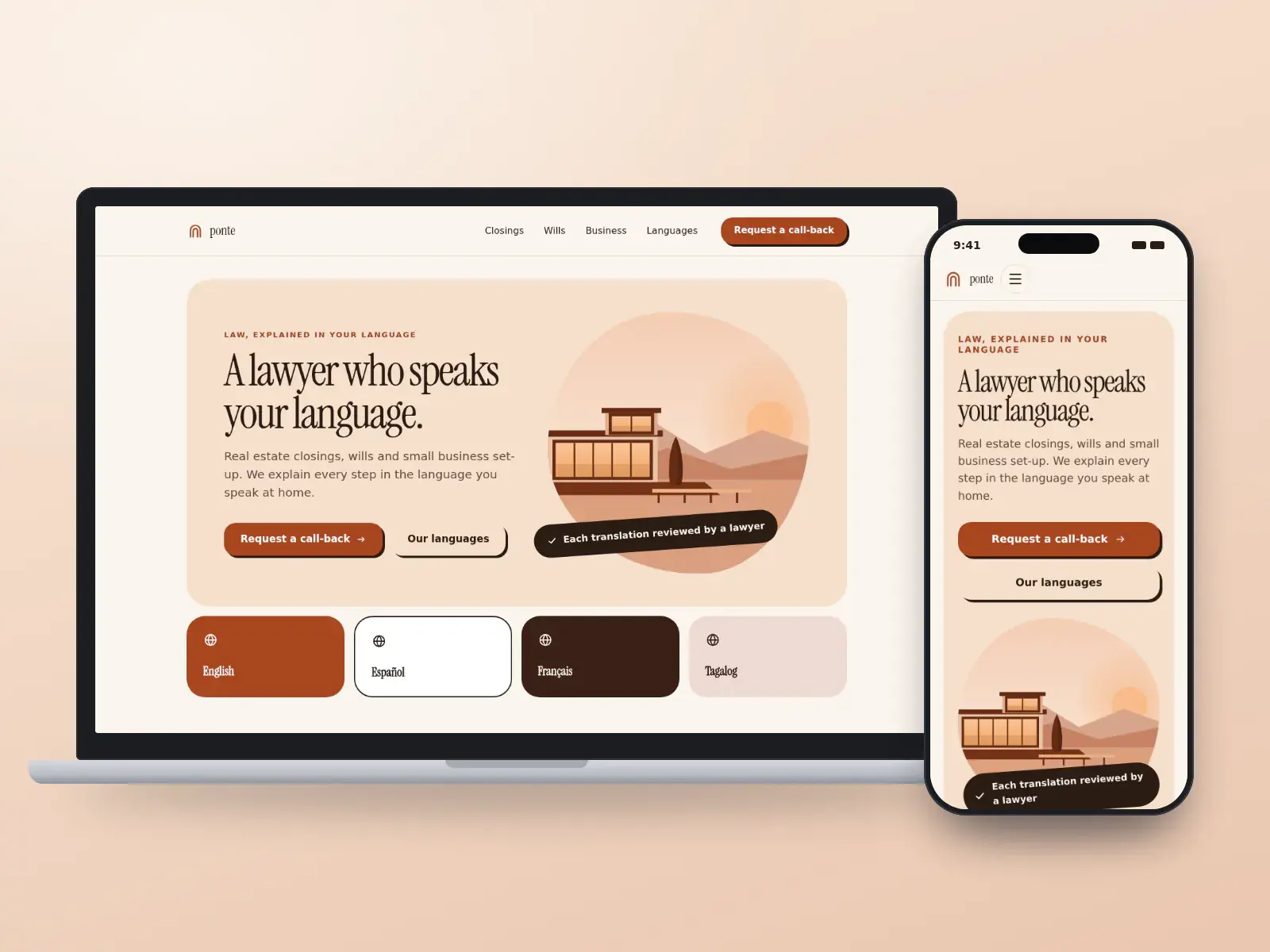 Ponte Law Group, a terracotta and cream multilingual law firm website with a rounded headline card, an illustration of a bridge over water and language tiles, shown on a laptop and a phone.
