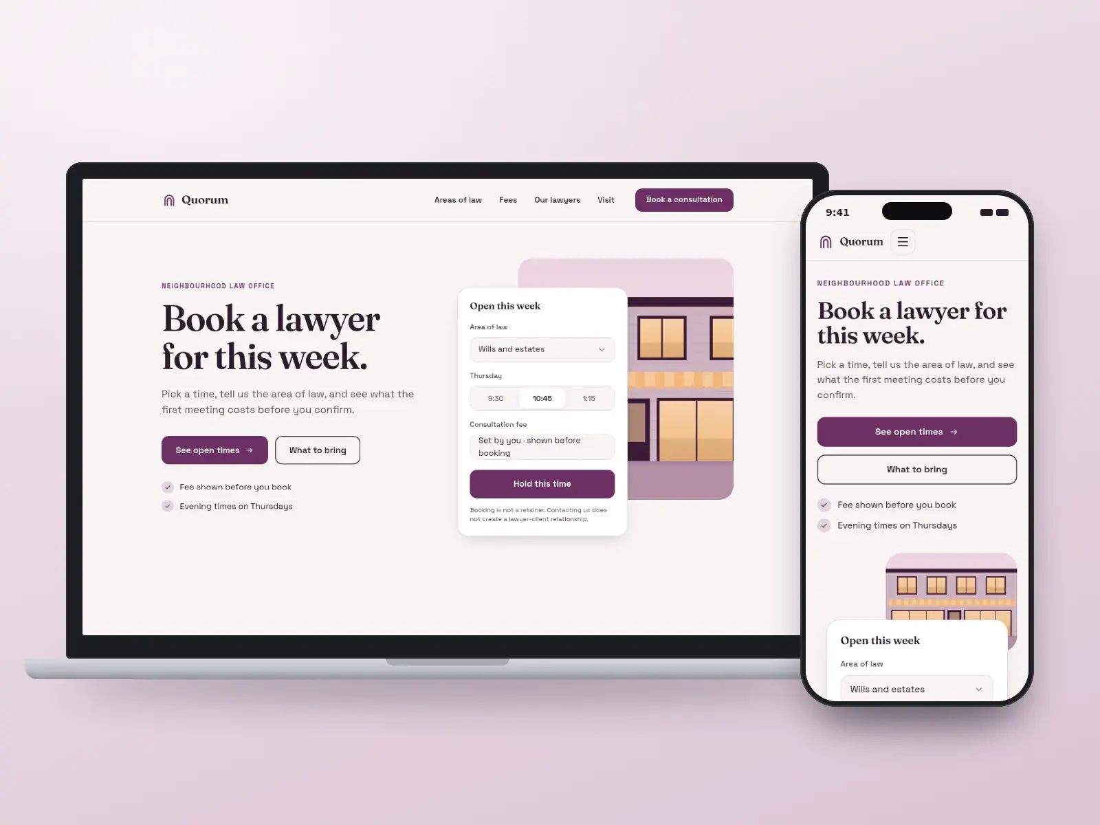 Quorum Law Office, a plum and blush law office website with a consultation booking card showing open times and the fee before booking, over an illustration of a street office, shown on a laptop and a phone.