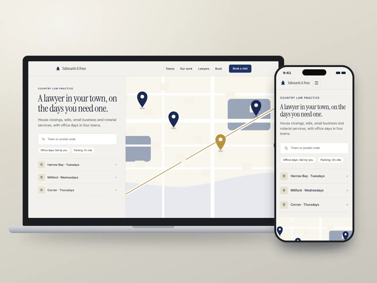 Saltmarsh & Fenn, a navy and brass country law practice website with an office finder beside a county map with a pin for each town office, shown on a laptop and a phone.