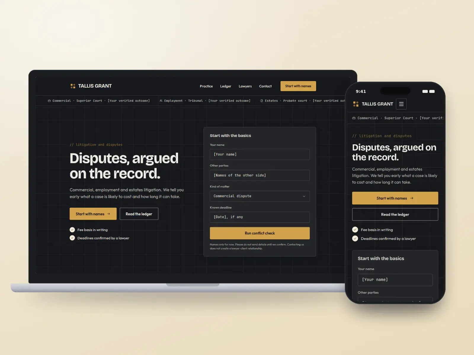 Tallis Grant Law, an ink and brass litigation firm website with a dark ledger-style hero, a names-only conflict check panel and an illustration of case files, shown on a laptop and a phone.