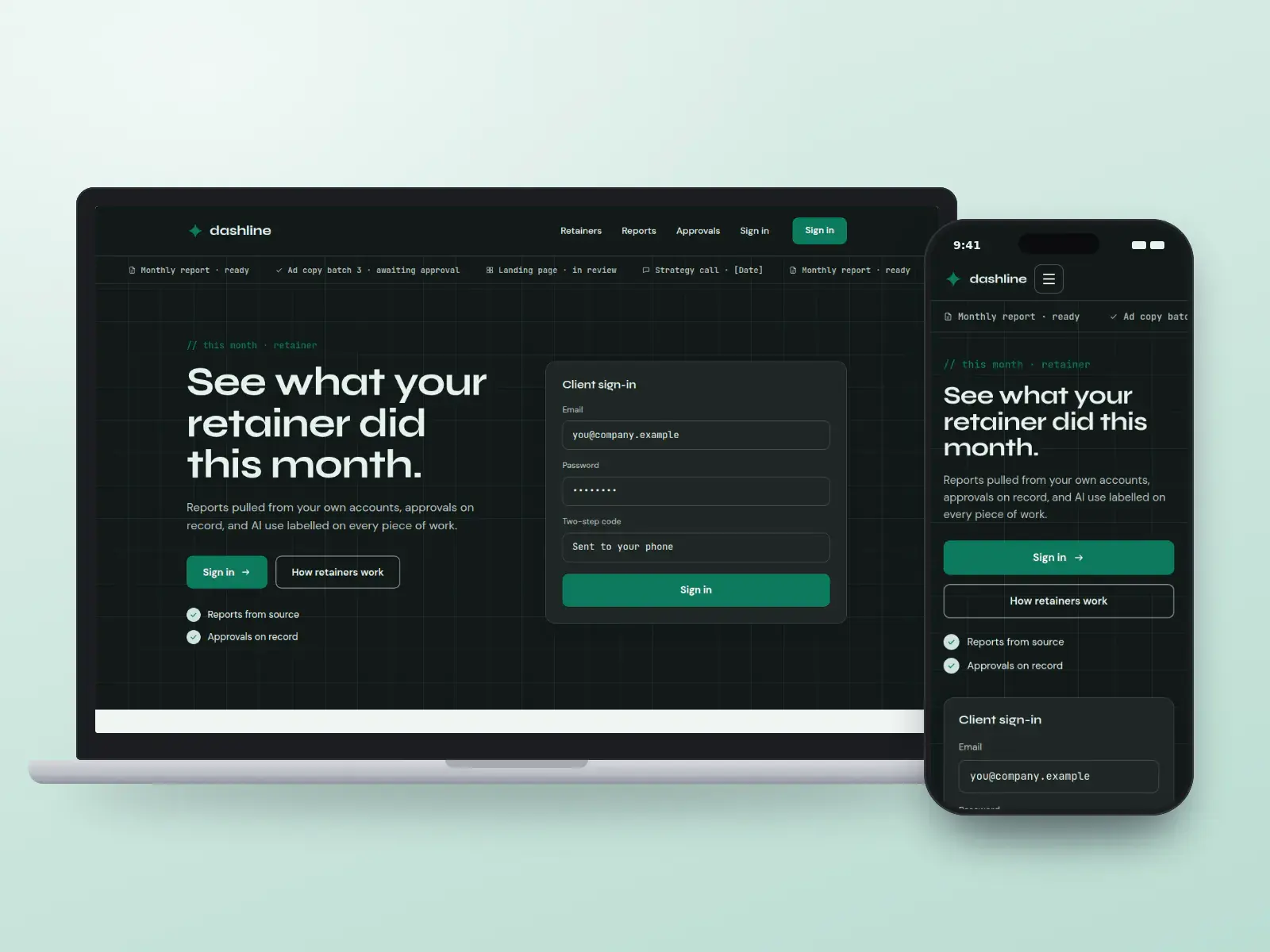 Dashline, a graphite and electric mint agency website with a scrolling list of this month’s work, a large headline and a client sign-in panel on a dark grid, on a laptop and a phone.