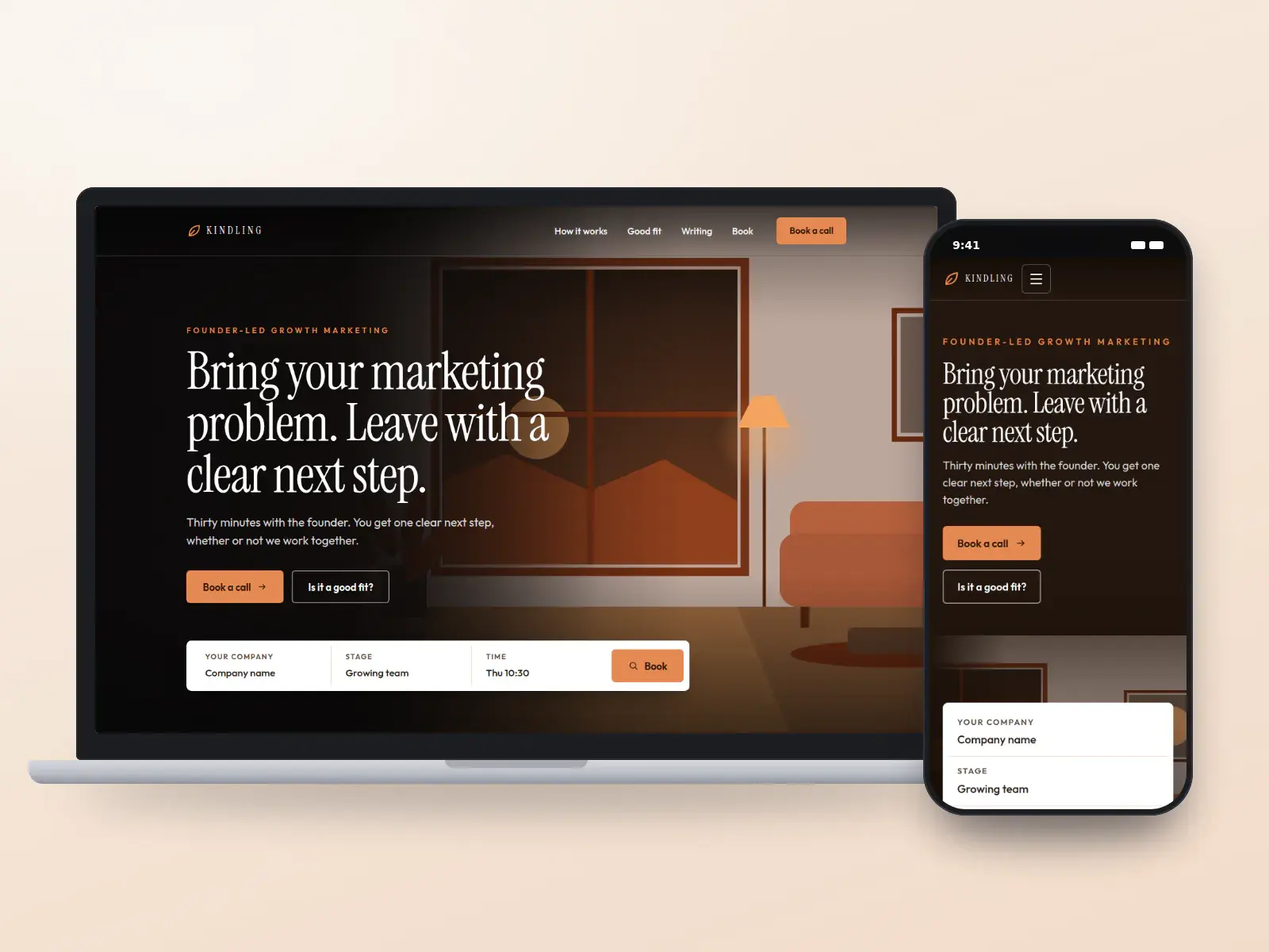 Kindling Growth Co., an ember and cream boutique agency website with a full-width dusk illustration of a lamp-lit room and a discovery call booking bar, on a laptop and a phone.