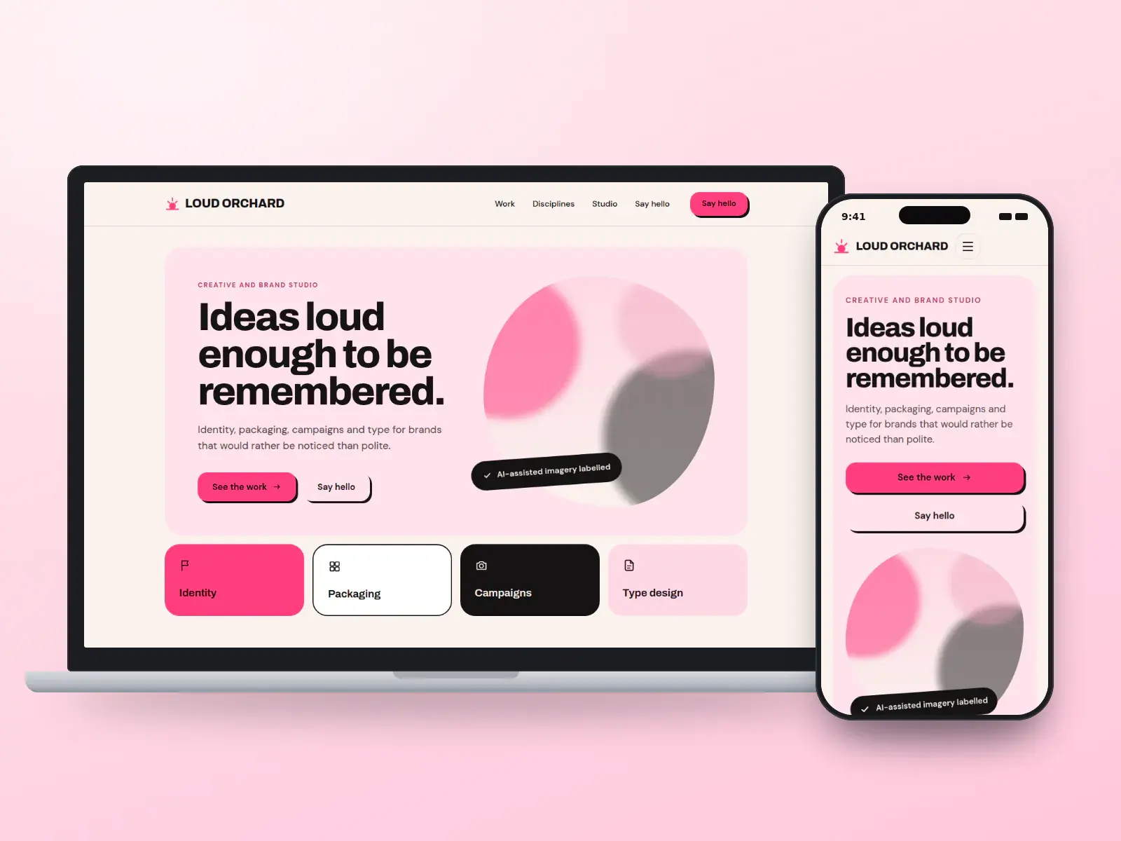 Loud Orchard, a riso pink and black creative studio website with poster-scale type, a drawn bloom and colourful discipline tiles, shown on a laptop and a phone.
