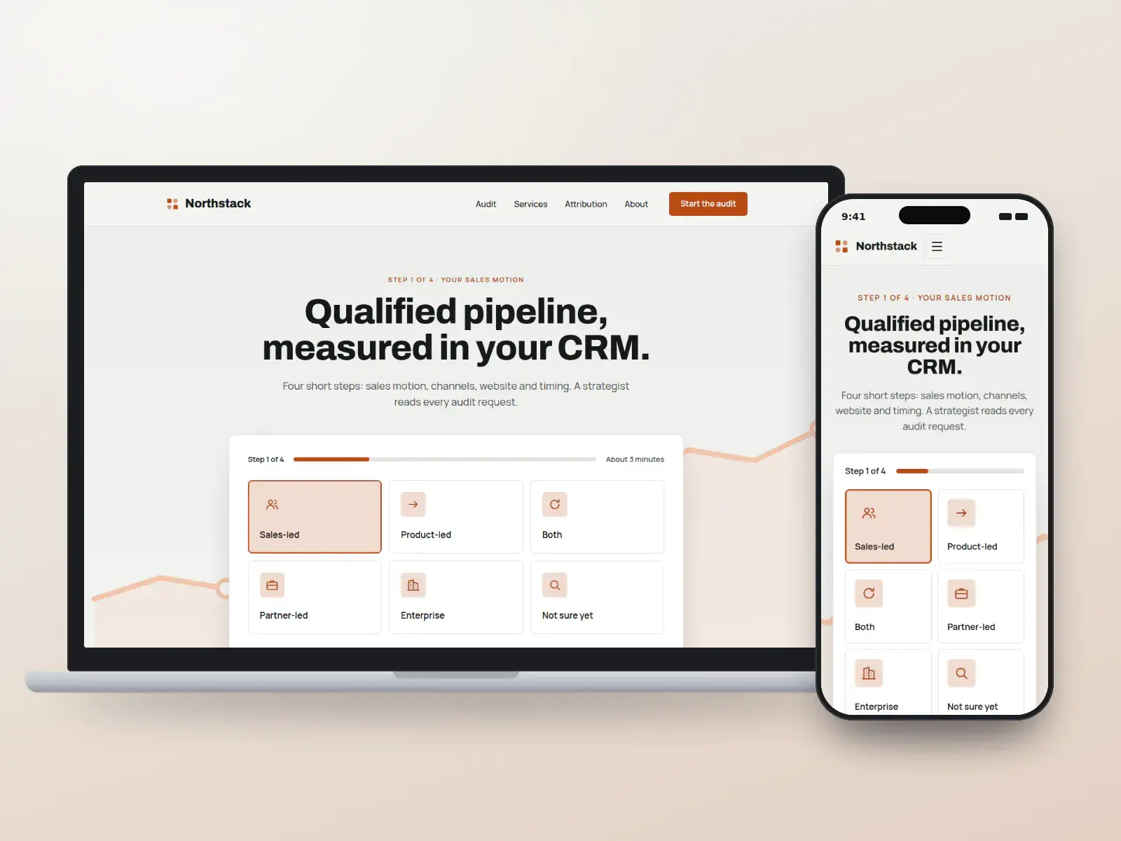 Northstack Demand, a carbon and signal orange B2B agency website whose homepage is a four-step pipeline audit with sales motion tiles and a progress bar, on a laptop and a phone.