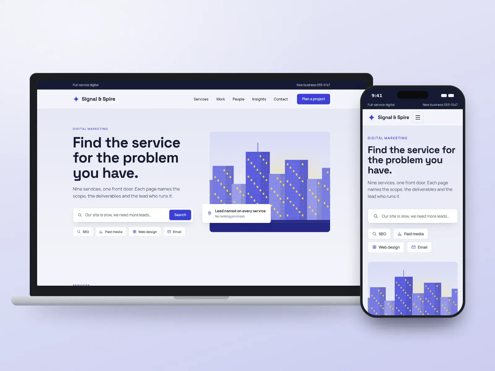 Signal & Spire Digital, an ultramarine and lemon digital agency website with a service search, quick links for SEO, paid media and web design and an illustration of towers, on a laptop and a phone.
