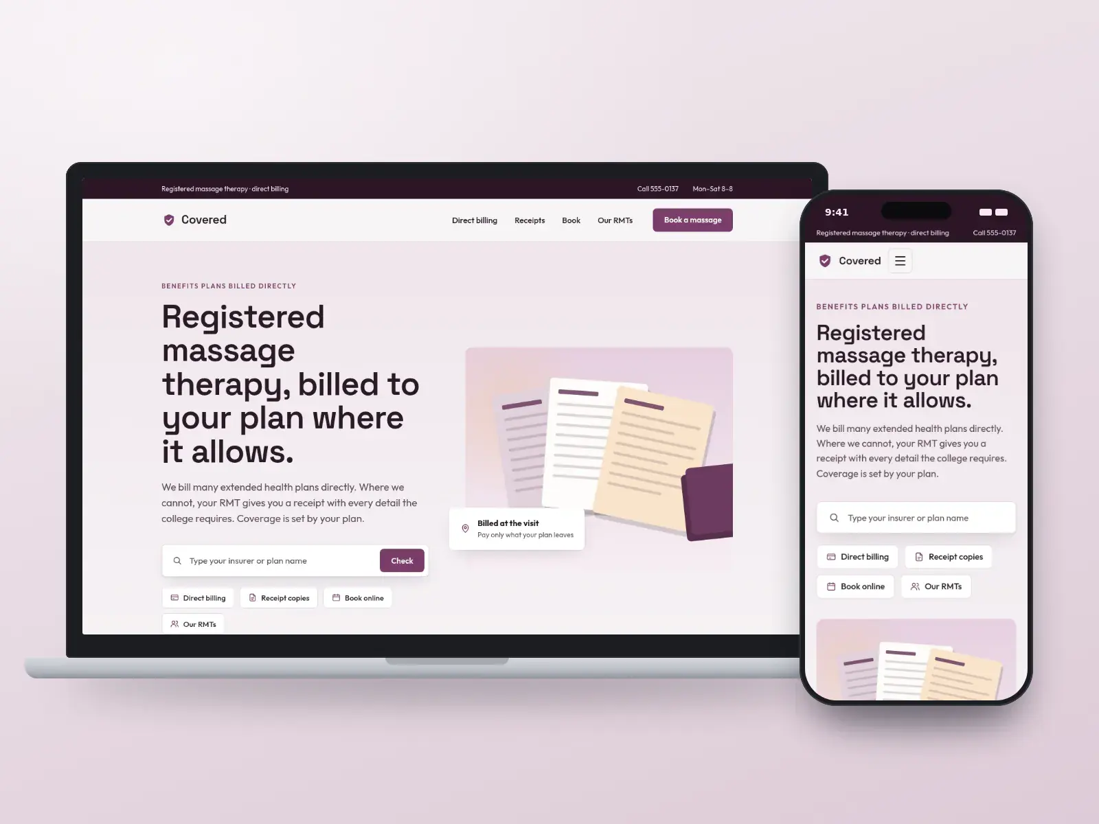 Covered Massage Clinic, a plum and porcelain massage therapy website with a direct-billing search, quick links and a receipt table, shown on a laptop and a phone.