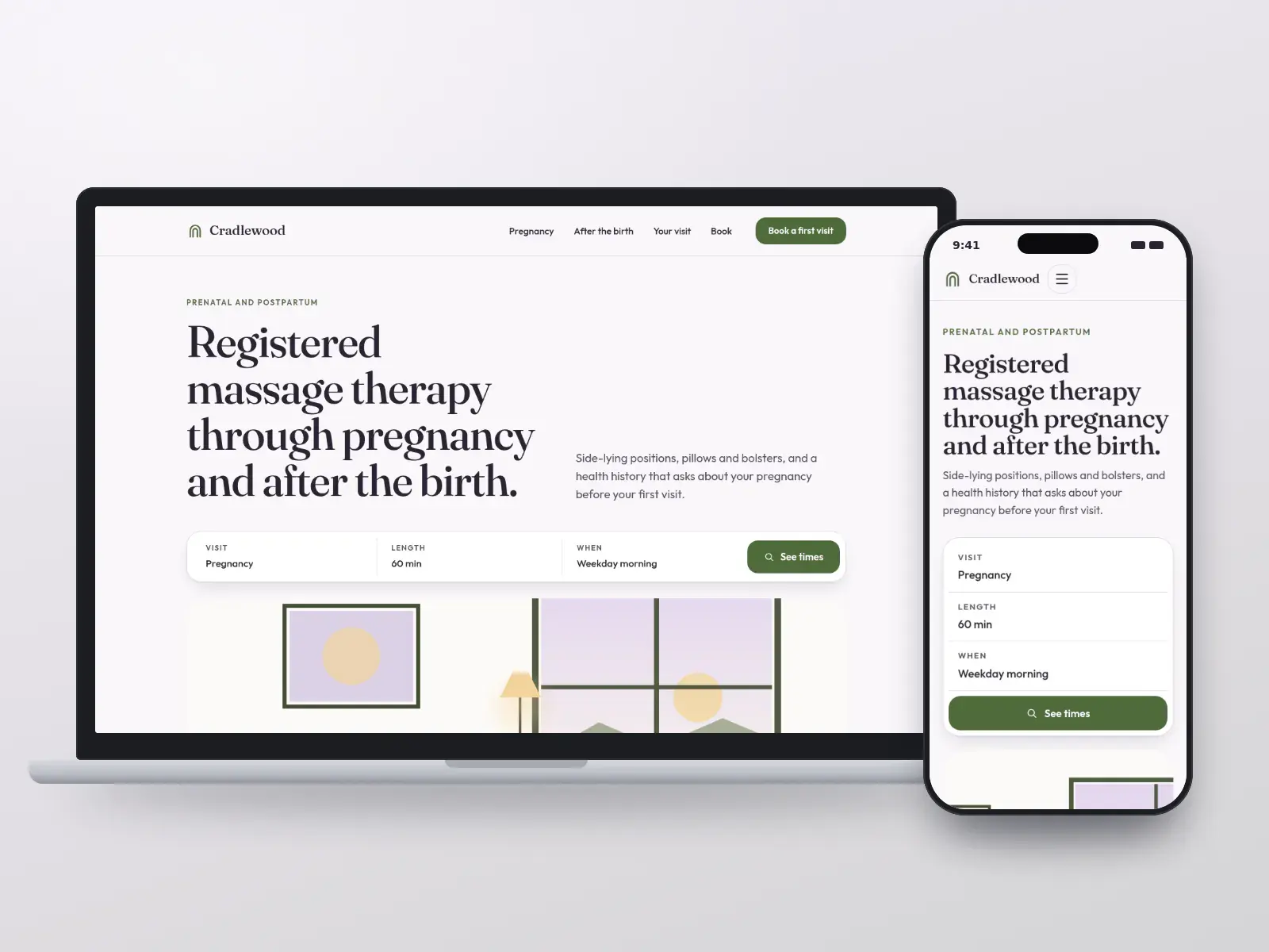 Cradlewood Prenatal Massage, a soft lilac and warm white prenatal massage therapy website with a visit search bar and a calm, softly lit room illustration, on a laptop and a phone.