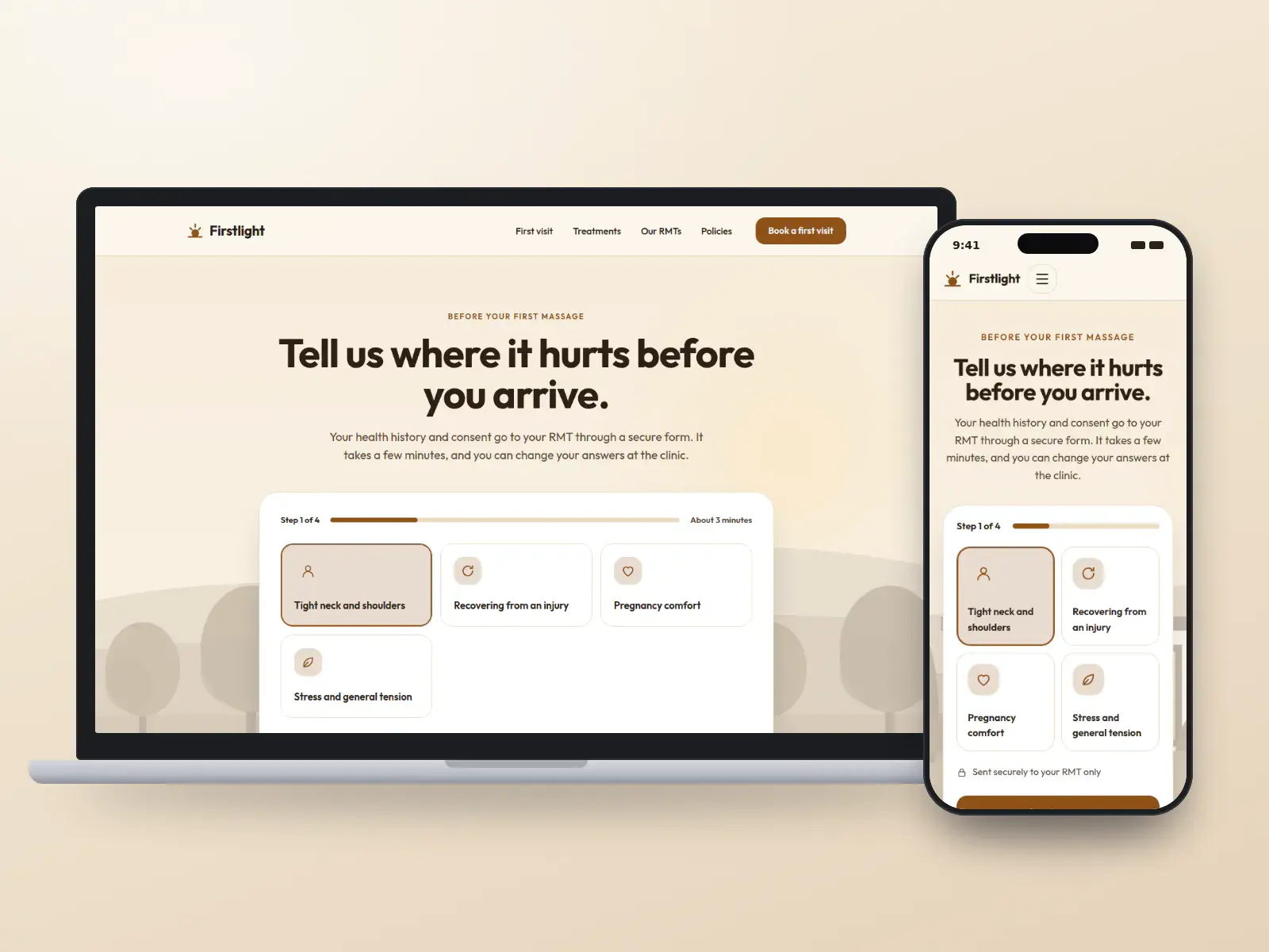 Firstlight Massage, a honey and walnut massage therapy website with a four-tile first-visit question card over a warm morning garden illustration, on a laptop and a phone.