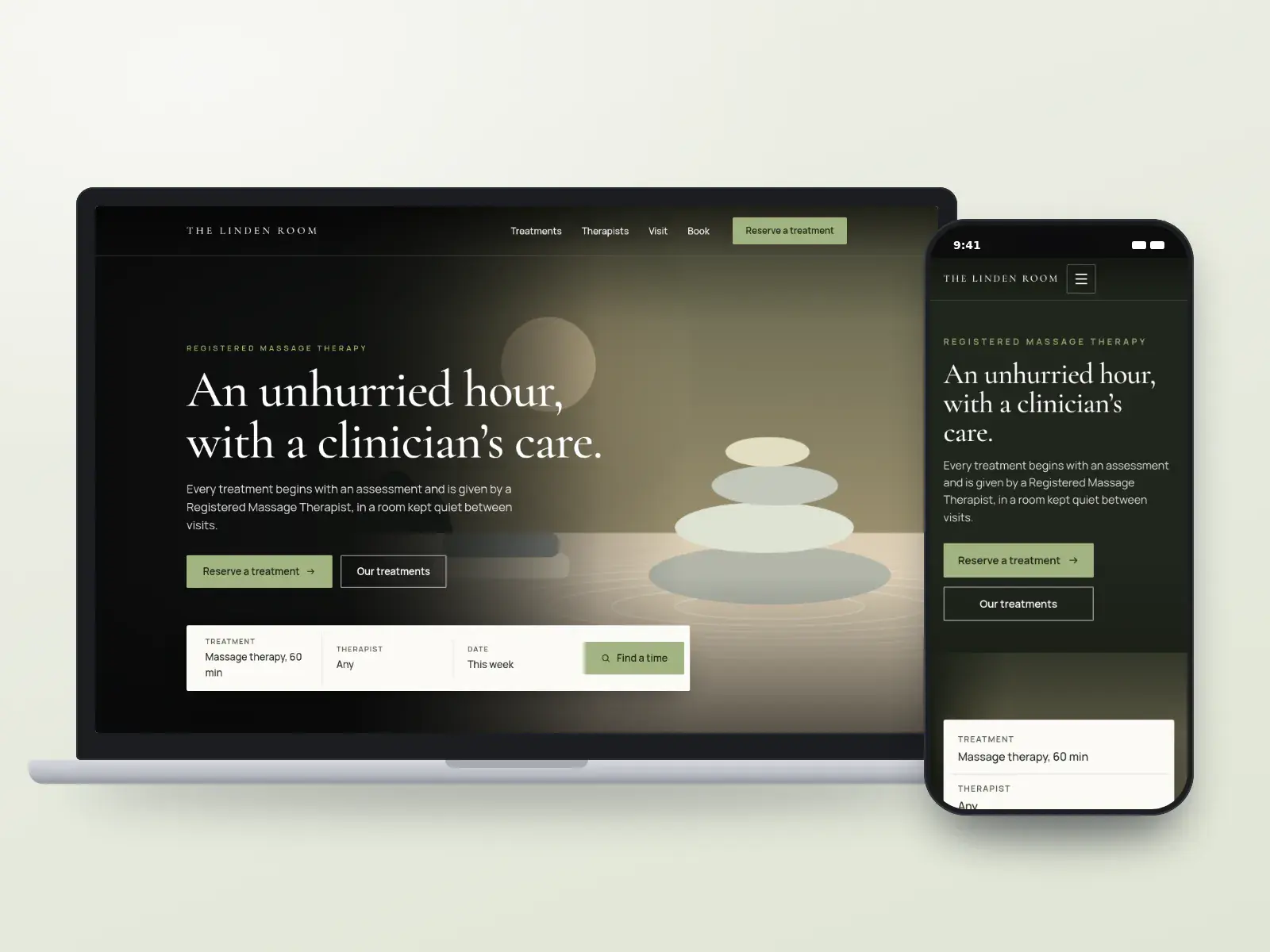 The Linden Room, a sage and ivory massage therapy clinic website with a full-width illustration of a calm treatment room, serif headline and a booking bar, on a laptop and a phone.