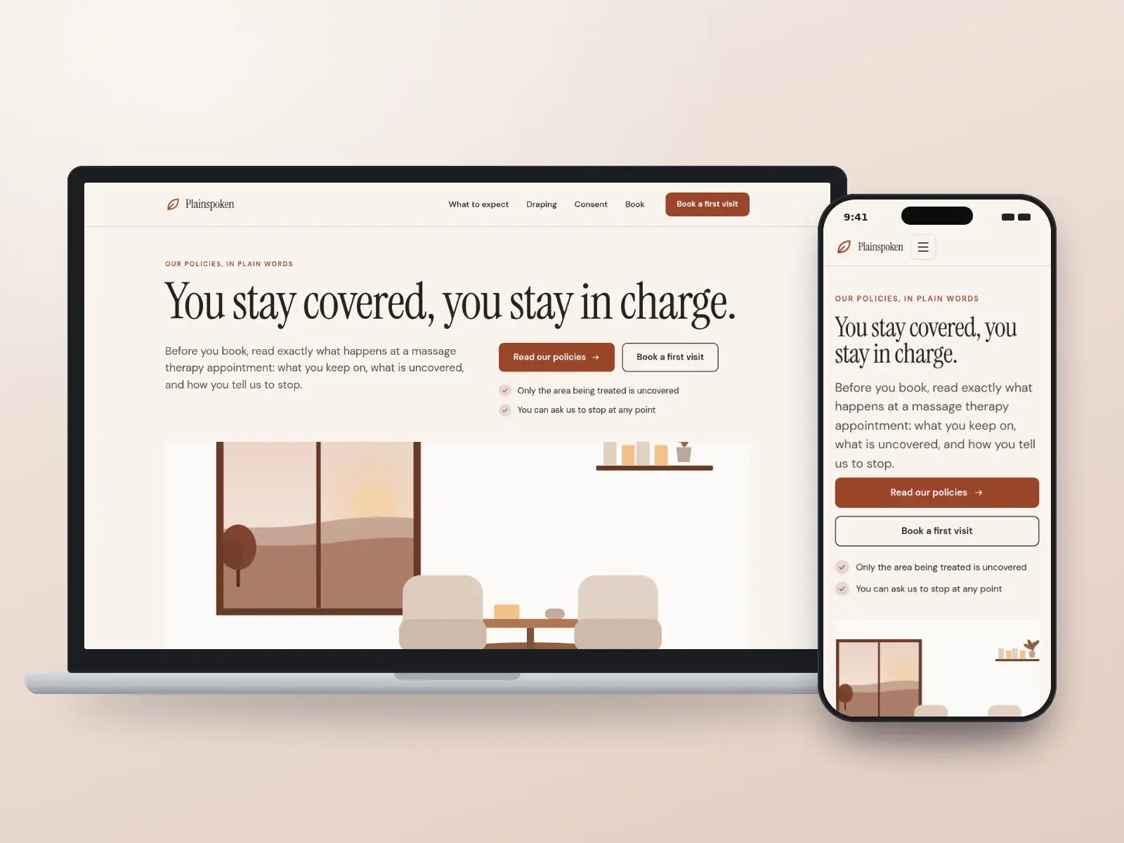 Plainspoken Massage Therapy, a clay and paper editorial massage website with a large serif headline, a wide consult room illustration and plain policy chapters, on a laptop and a phone.