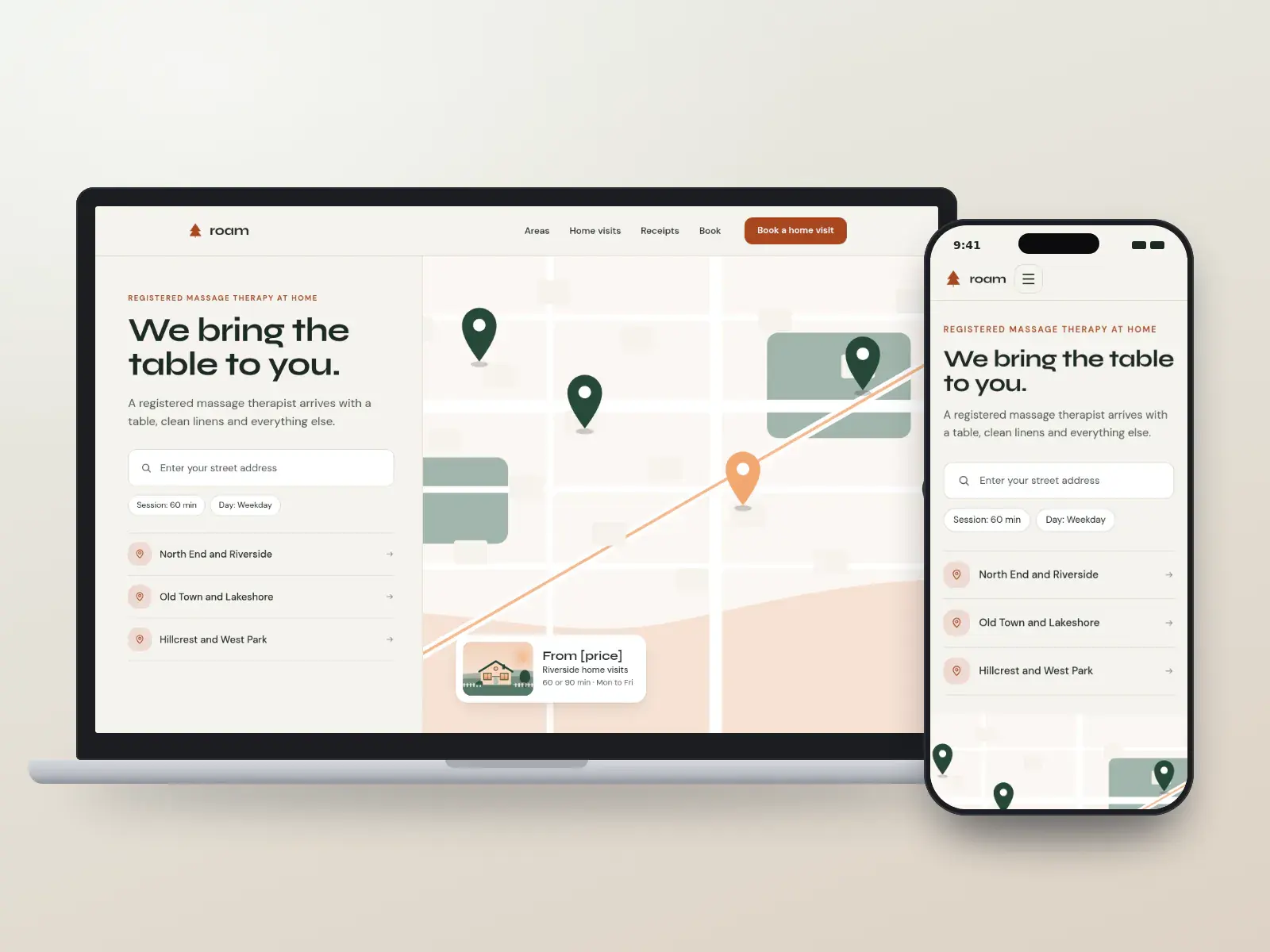 Roam Mobile Massage, a pine and apricot mobile massage therapy website with a neighbourhood map, an area search and home-visit cards, shown on a laptop and a phone.