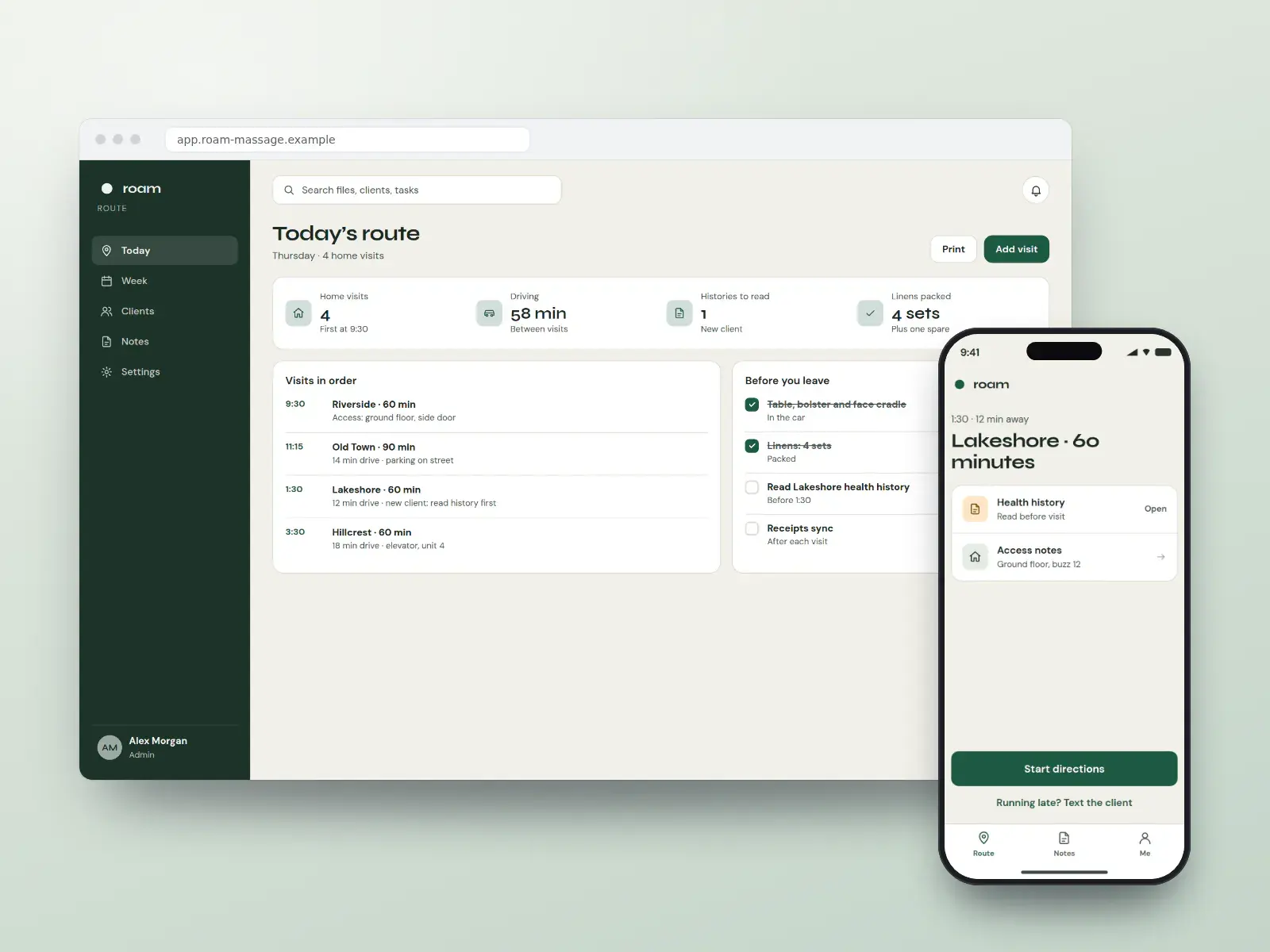 Roam route planner, a pine and apricot dashboard in a browser with the day’s home visits, drive times and packing list, beside a phone showing the next visit and a late-running text.