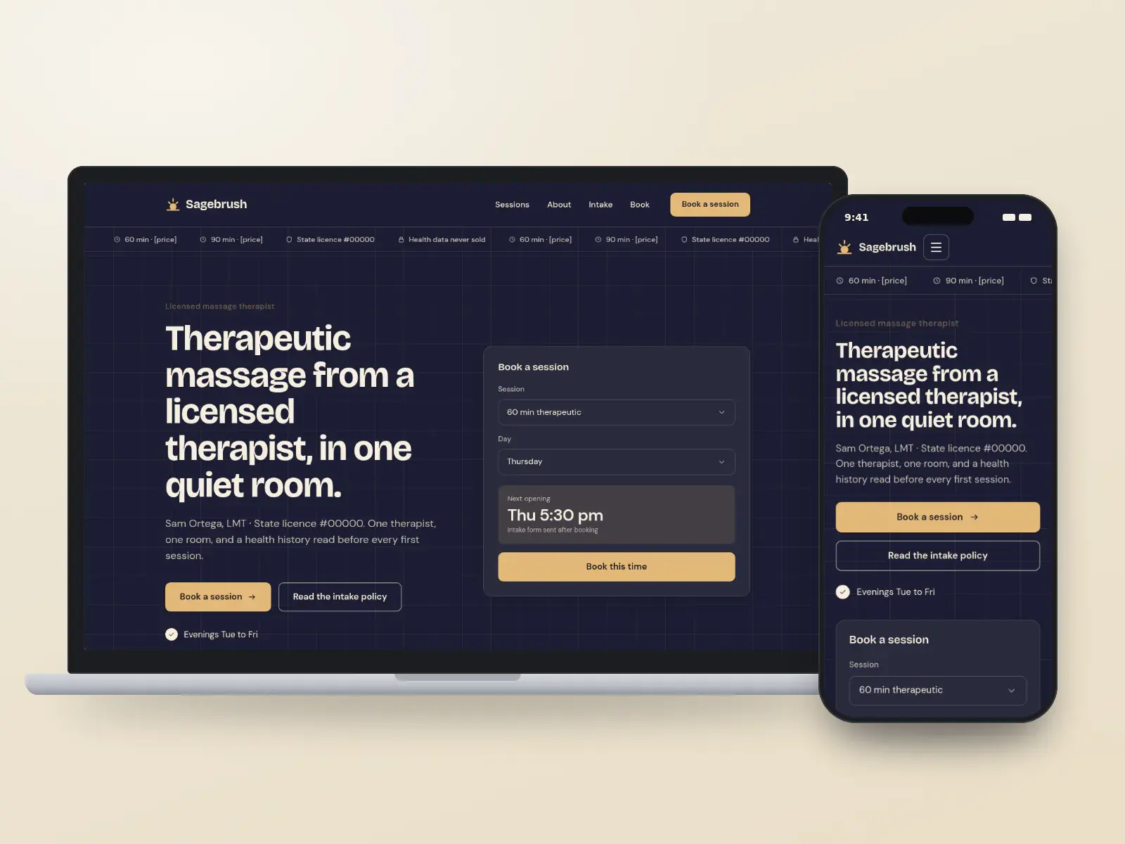 Sagebrush Massage, an indigo and desert sand licensed massage therapist website with a session ticker, a booking panel and a small studio illustration, on a laptop and a phone.