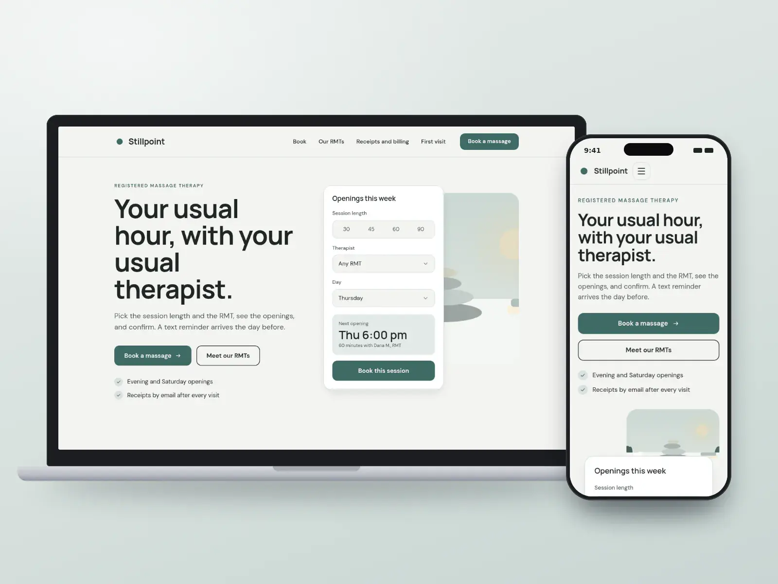 Stillpoint Massage Therapy, a river-stone green massage clinic website on a laptop and a phone, with a session-length booking card beside a calm treatment room illustration.