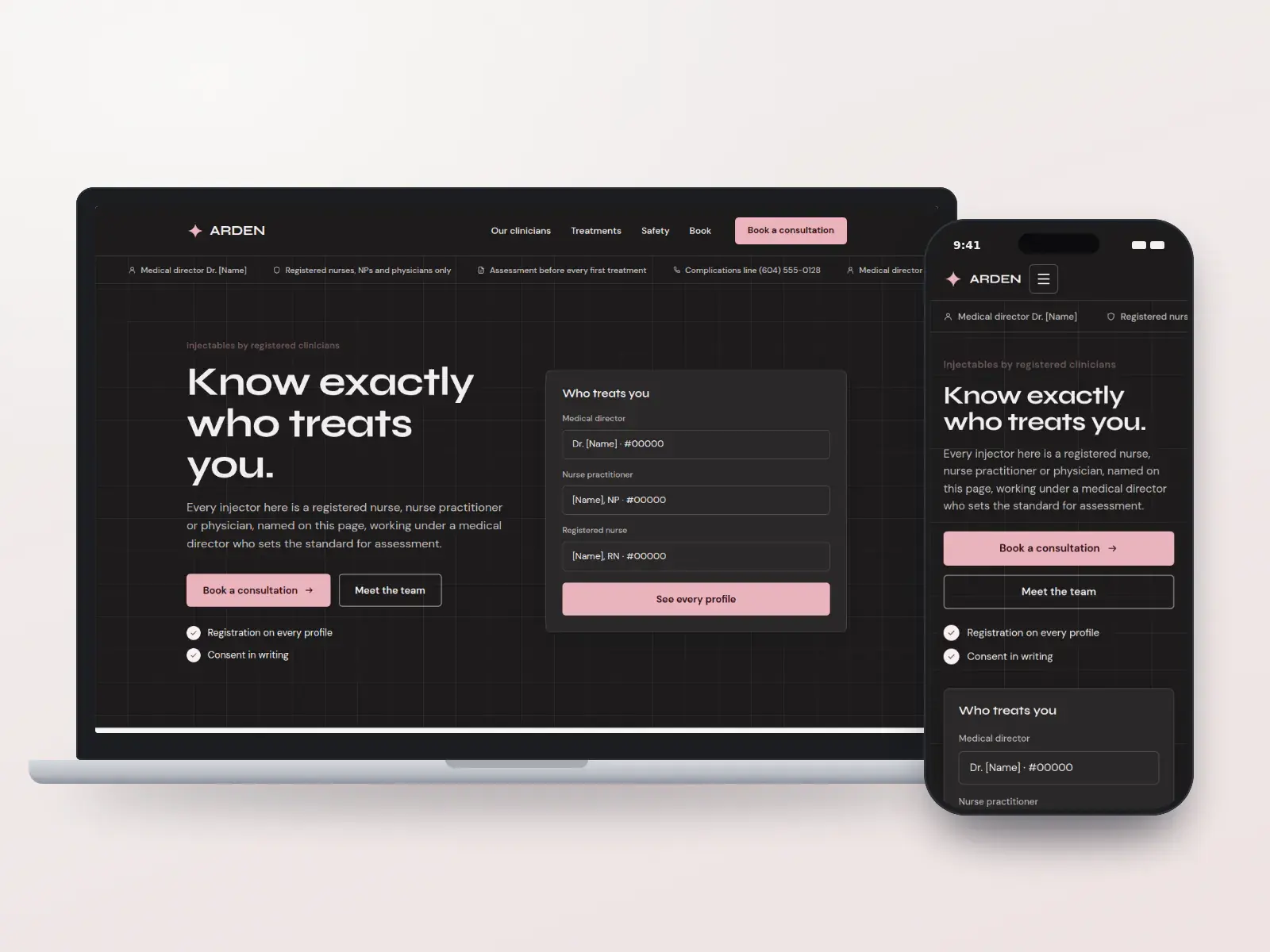 Arden Medical Aesthetics, a graphite and rose med spa website with a panel naming each clinician and their registered title beside the headline, shown on a laptop and a phone.