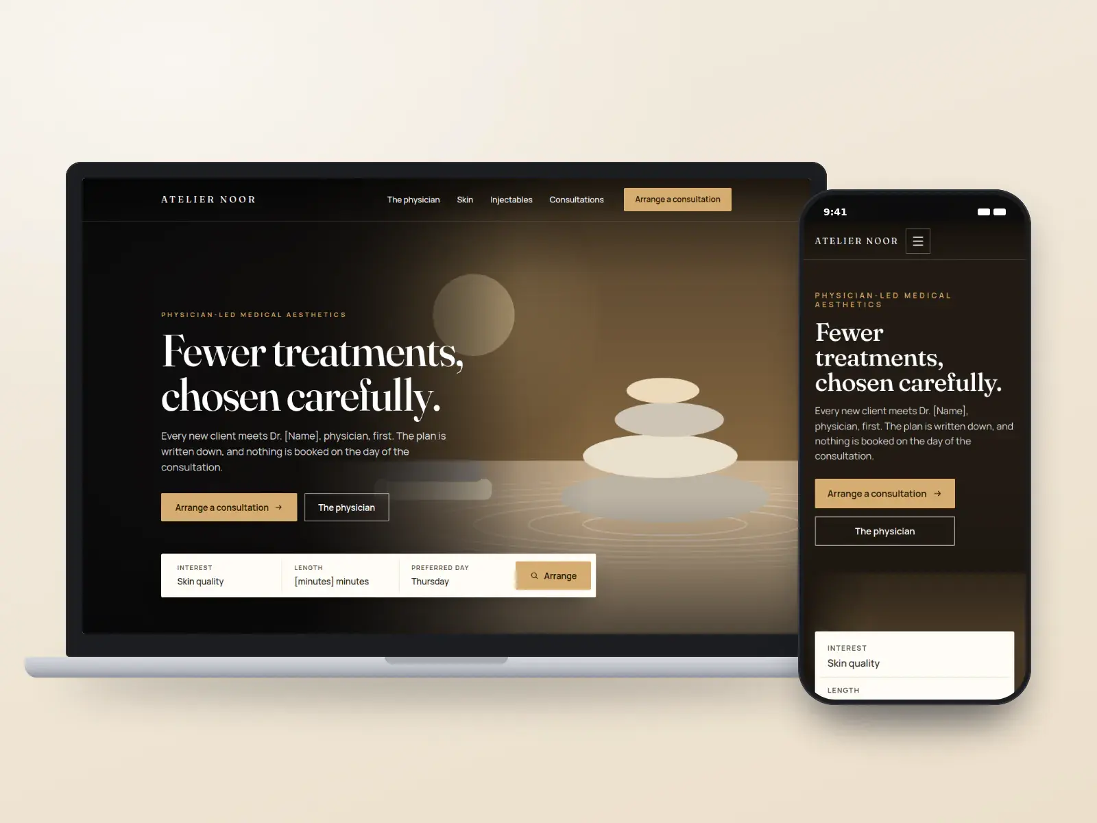 Atelier Noor, a bone and bronze physician-led med spa website with a full-width illustrated reception in warm light, a centred serif headline and a consultation bar, on a laptop and a phone.