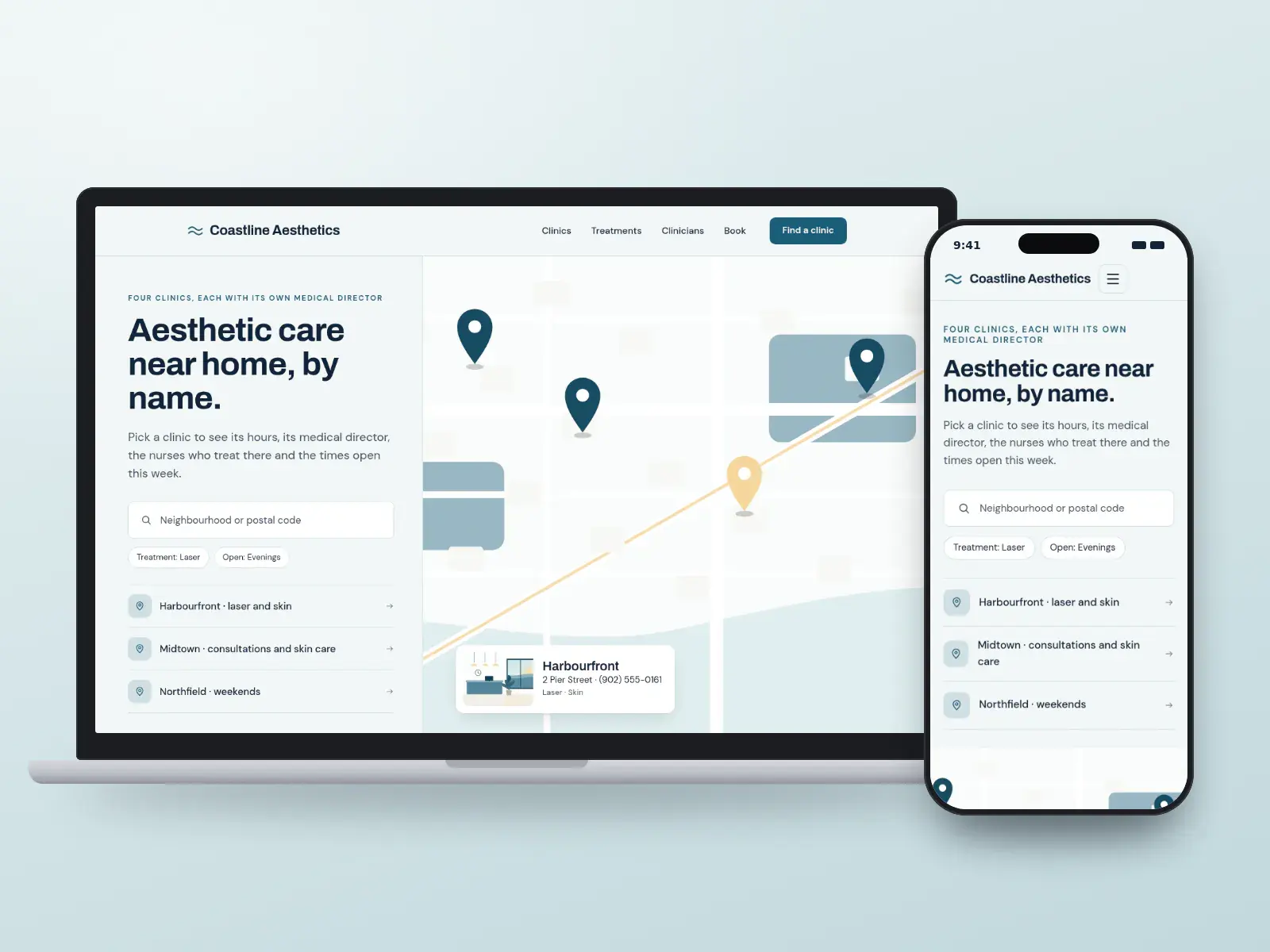 Coastline Aesthetics, a sea glass and navy med spa group website with a clinic finder beside a neighbourhood map with clinic pins and a clinic card, on a laptop and a phone.