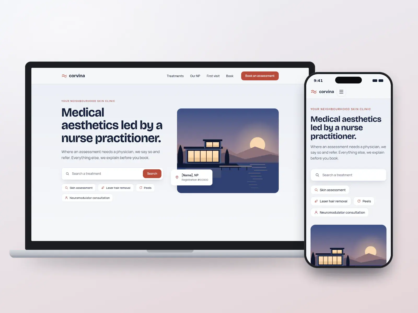 Corvina Skin Clinic, an ink blue and coral med spa website with a treatment search, quick links and a harbour illustration with the nurse practitioner’s registration, on a laptop and a phone.