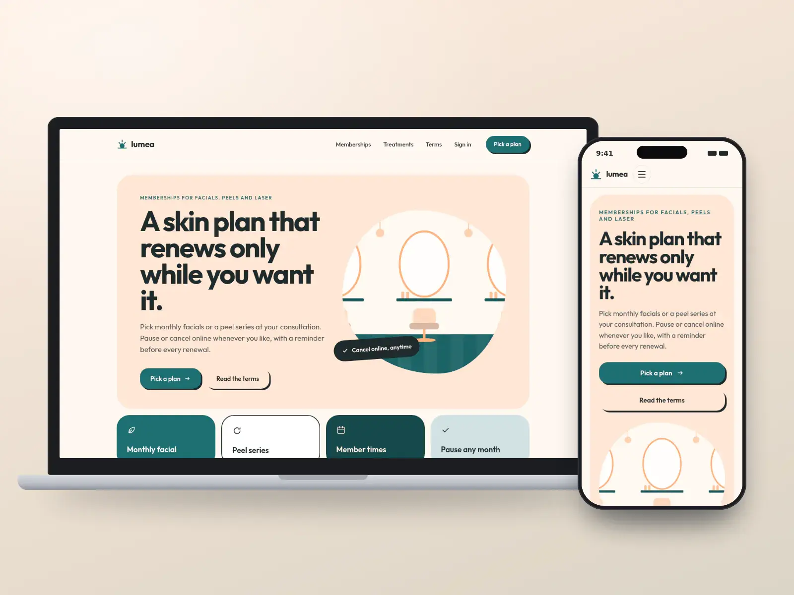 Lumea Skin Club, an apricot and teal med spa membership website with a rounded hero card, colourful plan tiles and a clear terms table, shown on a laptop and a phone.
