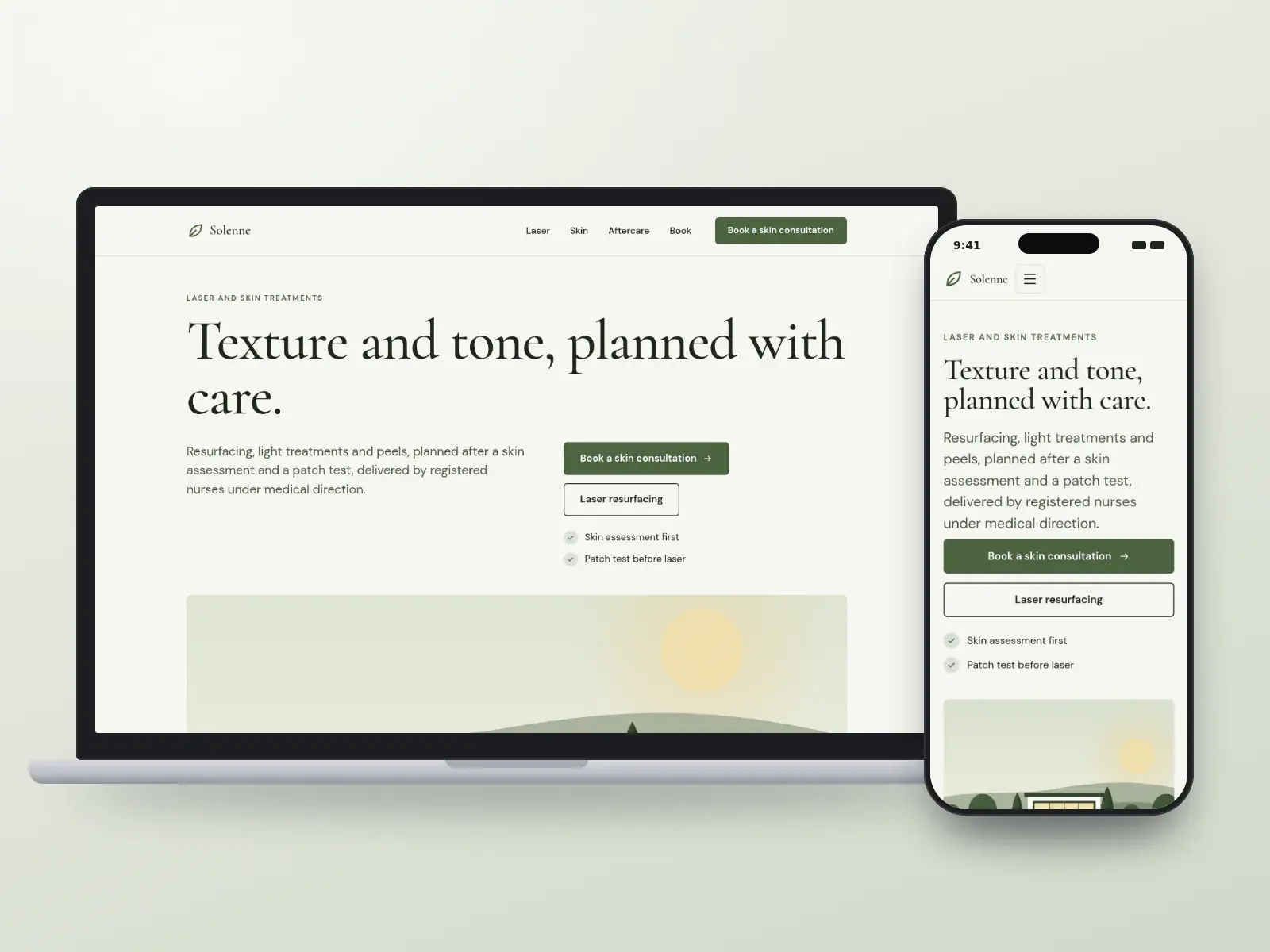 Solenne Skin & Laser, a porcelain and moss med spa website with a large serif headline above a wide garden illustration and a list of laser treatments, on a laptop and a phone.