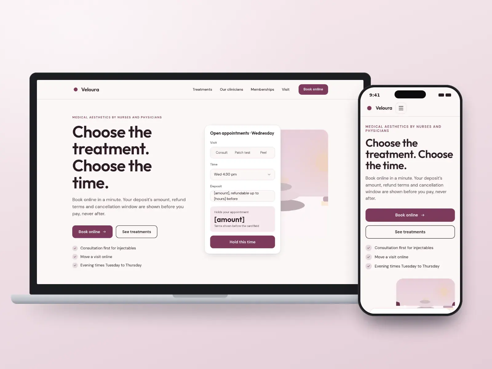 Veloura Medical Aesthetics, a blush and plum med spa website with open appointment times and deposit terms beside a calm treatment-room illustration, on a laptop and a phone.