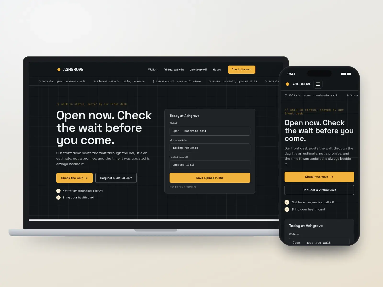 Ashgrove Walk-in Clinic, a graphite and amber walk-in clinic website with a ticker of service status, a staff-posted wait panel and a drawn street-corner clinic, on a laptop and a phone.